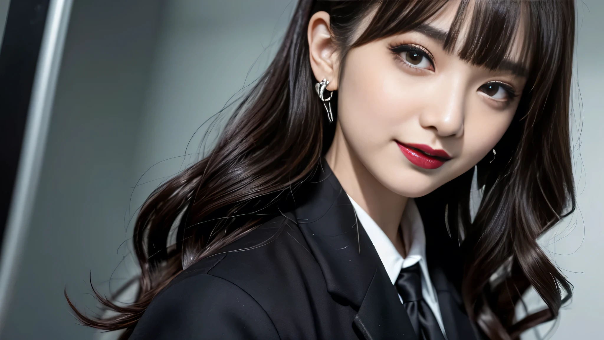 best quality、ultra-detailed、4k、Japanese、Seductive beauty、seductive adult woman、Pretty Woman、cool girl、Villainess、Brainwashed、brainwash、Fallen into evil、smirk、Evil look、Wicked Smile、evil、Brown hair、wavy hair、swept bangs、dark makeup、dark makeup、piercing eyes、hollow eyes,half-closed eyes、Hollow Eyes、purple Eyeshadow、black lipstick、black lipglos、student、uniform、Black blazer、White Shirt、Black Ribbon、flare skirt、night、inside darkroom、Have lipstick、Emblem of Evil、Crest of Darkness、Swear allegiance、I have pledged my allegiance、Dye black、Blackening、Stained with evil、Dyed in darkness、Seduce