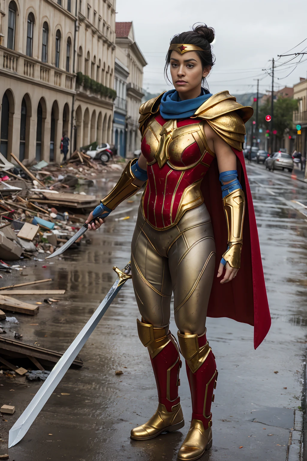 ((full-length photo, standing, feet on the ground)) diana, short black hair, hair bun, blue eyes,gold circlet, bodysuit, armor, gold trim, armbands, single shoulder pad, red boots, blue cape, blue pants, looking at viewer, serious, standing, holding sword, outside, city, rubble, raining, overcast, high quality, masterpiece,
