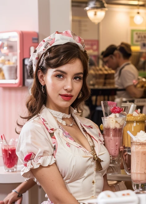 Create imaginative and amazing images demonstrating the style of ((Miscellaneous Academia)), A beautiful girl in a retro 1950s style dress, sitting in a vibrant 1950s ice cream parlor, surrounded by classic desserts such as sundaes, milkshakes, and pastries, (best quality,4k,8k,highres,masterpiece:1.2),ultra-detailed,(realistic,photorealistic,photo-realistic:1.37),highly detailed face and eyes,beautiful detailed lips,extremely detailed skin,detailed 1950s style dress,intricate ice cream parlor interior with classic decor,colorful and vibrant 1950s palette,soft studio lighting,detailed reflections,detailed textures,photorealistic,cinematic composition