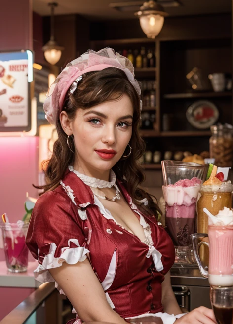 full body photo, extrem detailliert,in a milkshake bar of the fifties,Petticoat, Meisterwerk, Realistisch, 4k,8k