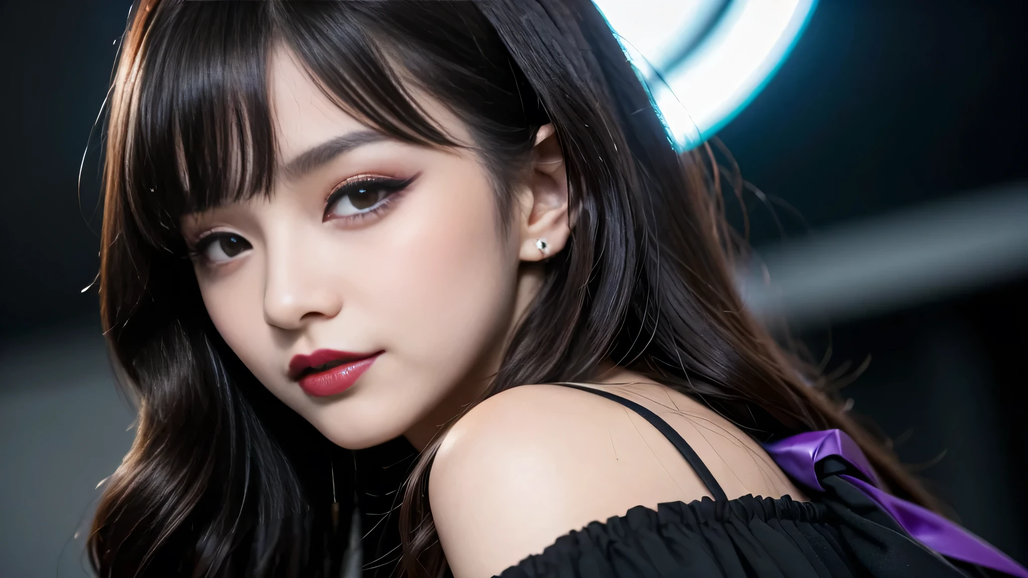 best quality、ultra-detailed、4k、Japanese、Seductive beauty、seductive adult woman、Pretty Woman、cool girl、Villainess、Brainwashed、brainwash、Fallen into evil、smirk、Evil look、Wicked Smile、evil、Brown hair、wavy hair、swept bangs、dark makeup、dark makeup、piercing eyes、hollow eyes,half-closed eyes、Hollow Eyes、purple Eyeshadow、black lipstick、black lipglos、student、uniform、Black blazer、White Shirt、Black Ribbon、flare skirt、night、inside darkroom、Have lipstick、Emblem of Evil、Crest of Darkness、Swear allegiance、I have pledged my allegiance、Dye black、Blackening、Stained with evil、Dyed in darkness、Seduce