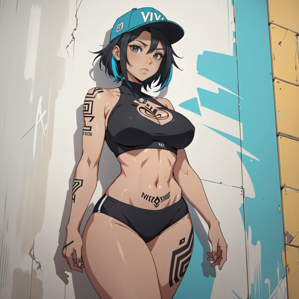 estilo anime, mujer grafitera, grafiti en la pared,  desnuda contra la pared, gorra de lado, colores vivos, buena figura, buenas curvas, tatuajes maxima calidad, ultra detallado, 8K, cuerpo entero