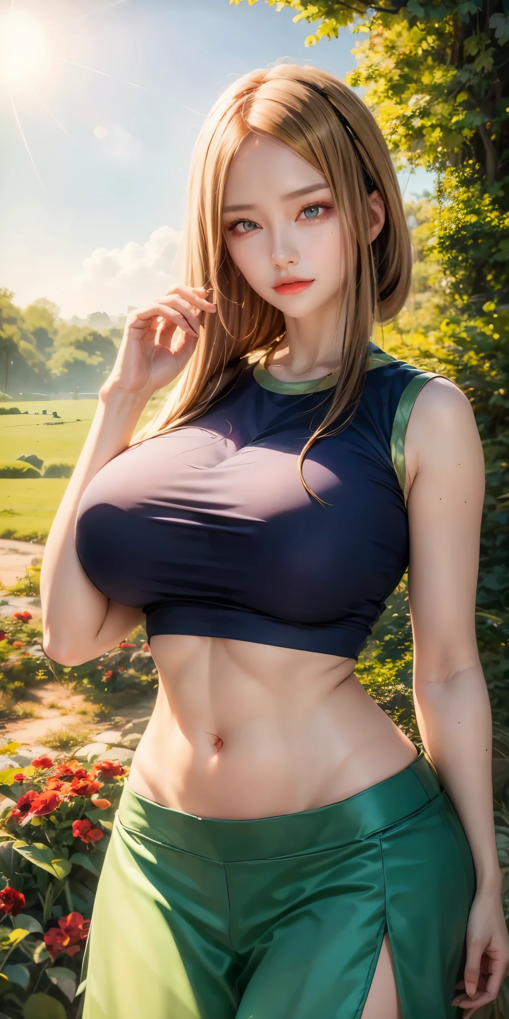 realistic, 1 women, best quality, 12k, HD, long hair, big round breasts, cleavage, ponytail, necklace, jewelry, shorts, short jacket, slim hips, hair tie, yellow eyes, black hair, super detailed, Eye details, hair details, person details, mouth details, face details, breast details, clothes details, hair details, pants details, hand details, whole body