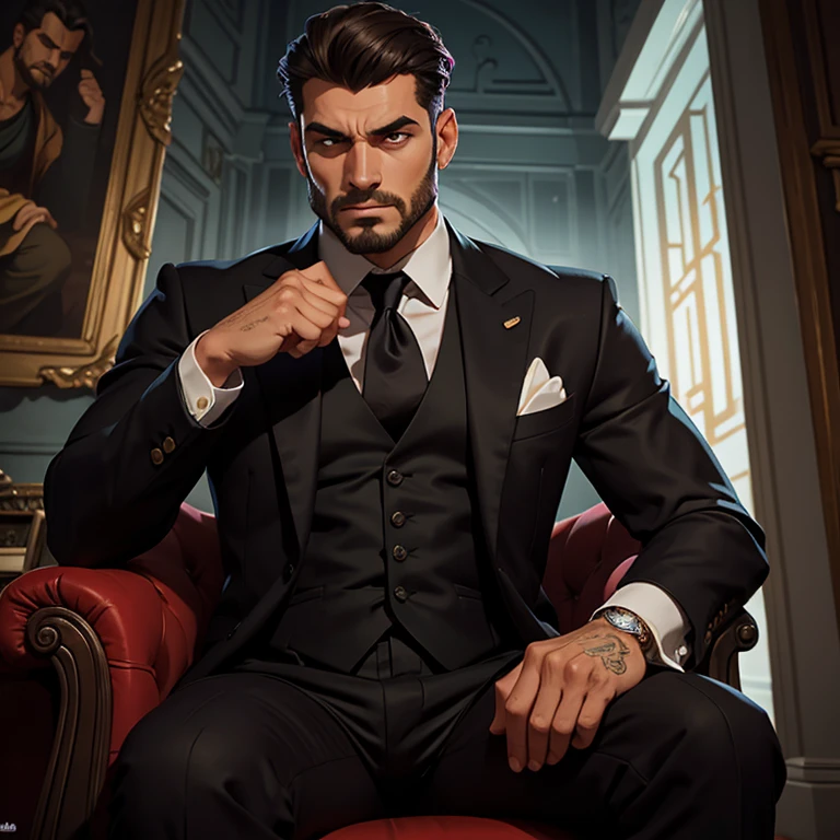 Un hombre abogado, italiano, con piel palida y cabello oscuro, ojos claros, con un traje elegante, sitting with a manly posture and with a serious expression, looking towards the camera with his hand in a fist placed on his temple, (fotorrealista), (vivid colors), (ultra detallado), (Obra maestra:1.2), [studio lighting]