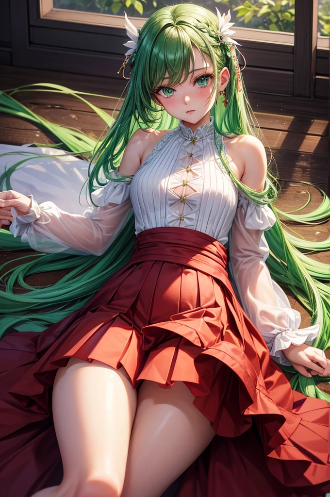 8K UHD, Digital SLR, Soft lighting, High quality, ((best quality)) ((best quality)), ((masterpiece)), (detailed), 4k image, anime style, beautiful teenage anime girl, fair caramel skin, symmetrical face, cherry red plump lips, lively woody emerald green eyes, African looks, small breasts, toned slender body, small narrow waist, short height, waist length braided hair, sleek emerald green hair, small curvy hips, phoenix eyes, small nose, European style , white pleated skirt that is frilly at the hem, white formal shirt underneath a red form-fitting blazer, red opaque/sheer thigh-high stockings, low-top boots