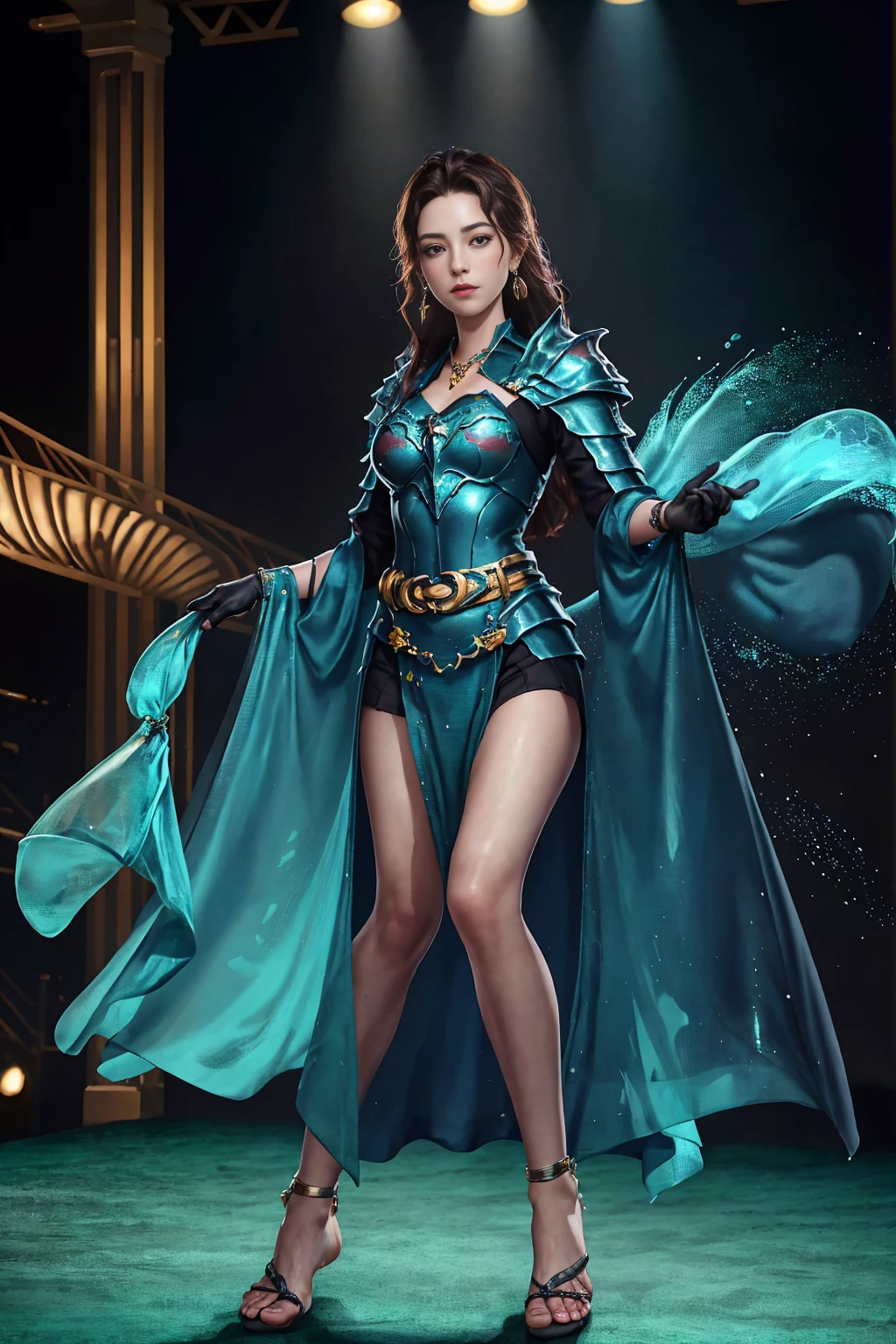 ((full-length photo, standing, feet on the ground)) 8K,highres,absurdres,masterpiece,best quality,original,extremely detailed CG,extremely detailed wallpaper,perfect lighting,1girl,blurry_background,looking_at_viewer,standing on the stage,
Atlantis_armor,scale armor,gloves,jewelry,earring,pauldrons,belt,