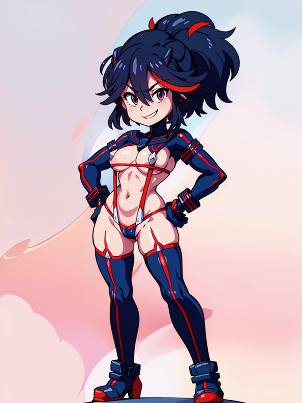 uhd, face detail, MICRO BIKINI, senketsu, matoi ryuuko, suspender, bodysuit, white background: 1.5, smile,