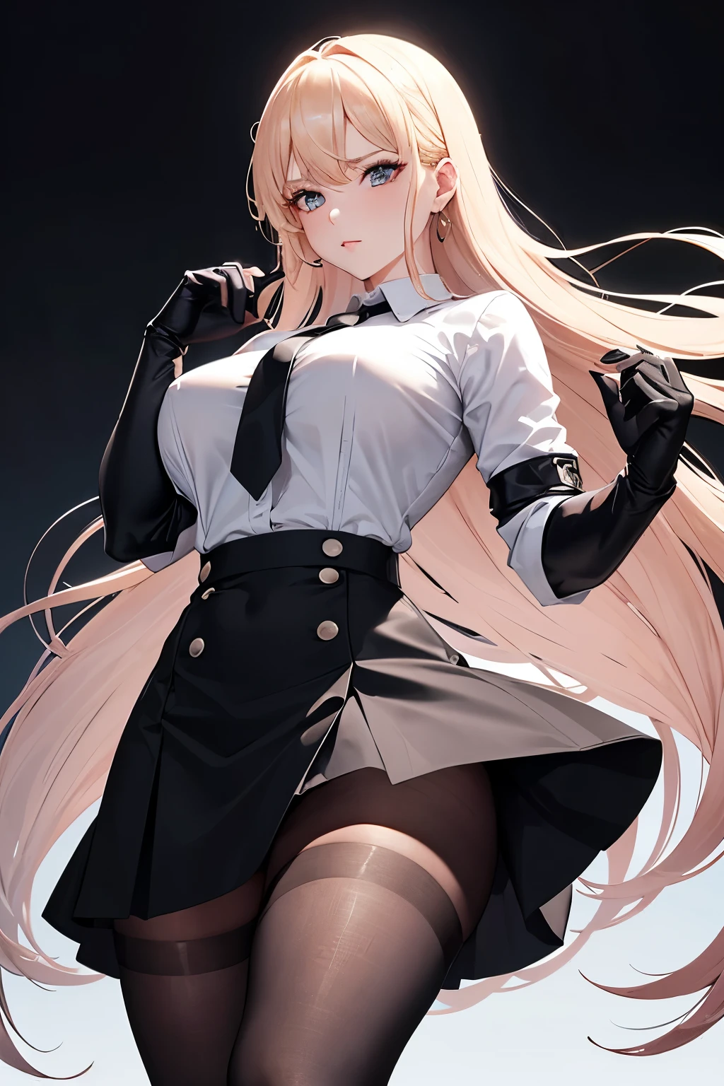 1girl, aviator sunglasses, bangs, black gloves, blonde hair, braid, breasts, cleavage, cuffs, eyebrows visible through hair, eyewear on head, fishnet legwear, fishnets, gloves, handcuffs, large breasts, long hair, looking at viewer, mole, navel, necktie, police, police uniform, purple eyes, shorts, simple background, sitting, smile, solo, sunglasses, thighhighs