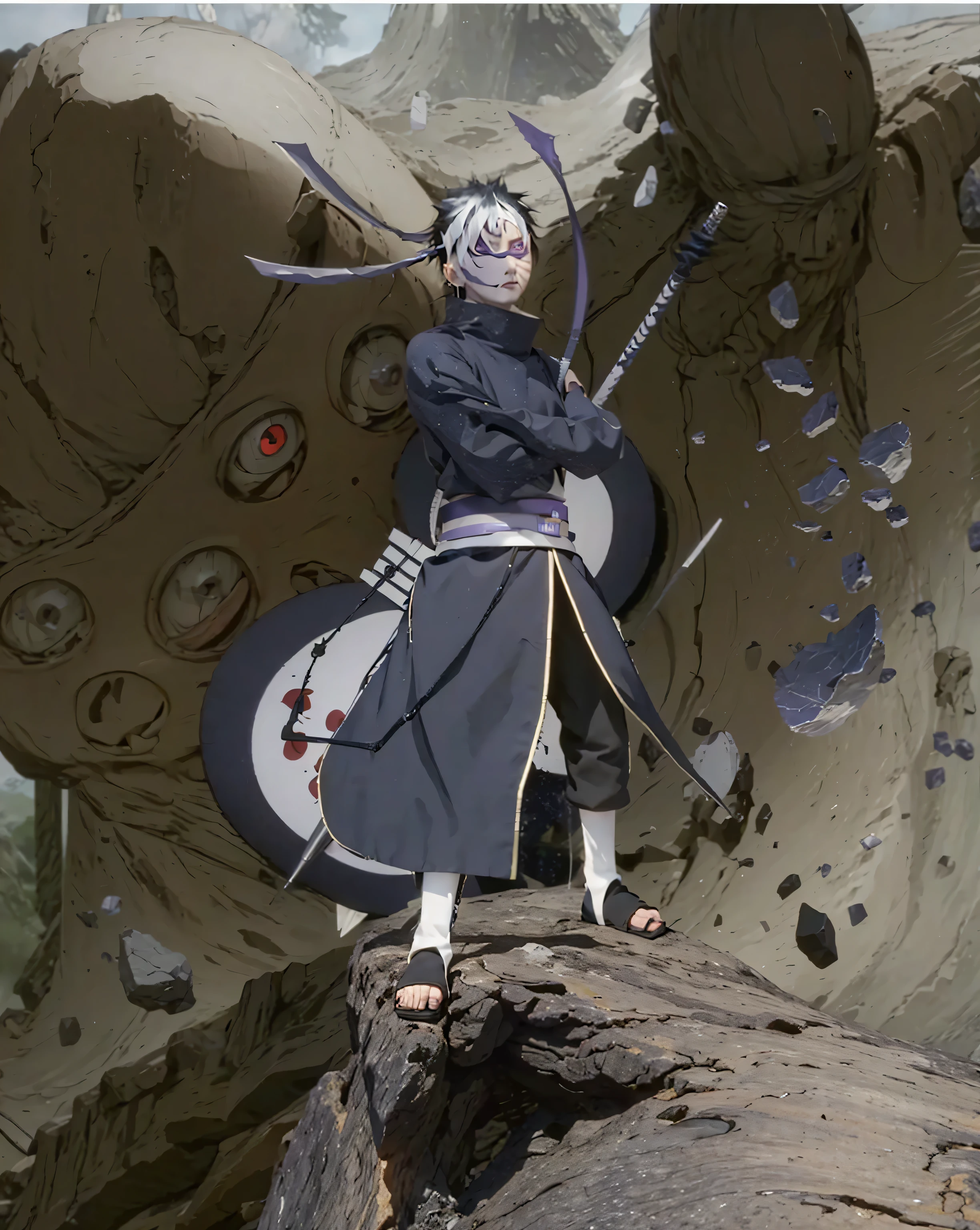 ( UCHIHA OBITO X JUUBI_NARUTO SHIPPUDEN),((realistic, photorealistic)),, Light reflection, (( HD )),((upper body)), (((best quality, masterpiece))), (masterpiece) (best quality) (detail) (8k) (HDR) (wallpaper) (cinematic lighting) (sharp focuasterpiece, best quality: 1.1), Real life adaption of this character, White Obito uchiha mask with sharingan and rinnegan eyes, Shining Purple eyes, realistic outfit, realistic shadow, realistic light, realism, hyper realistic, realistic background,(photorealistic:1.2), 1man,Floating headband, juubi monster background with many eyes, motion blur flying rock fragments, flying rocks, black gloves, juubi monster summoner, uchiha Madara weapon blur foreground,Nine eye monster, open mouth juubi monster,Motion light blur, angry aura, flying rocks,smokes,Monsters with sharp and neat teeth,Tree monster texture, uchiha Madara weapon,Uchiha Obito White Mask,Flying rocks motion blur,Weapons are made of metal,Holding Uchiha Madara's weapon, a monster finger appeared on the ground,Standing on a mountain rock,Uchiha Madara's chain of weapons,