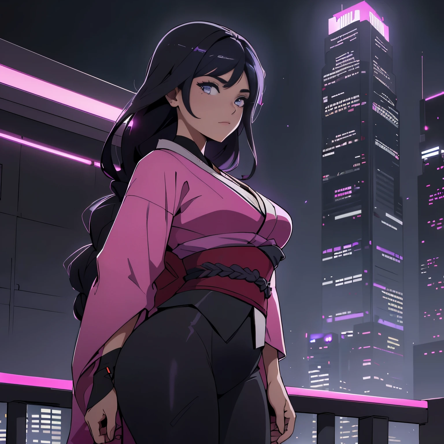 anime, (obra de arte, melhor qualidade, ultra-detalhado, alto contraste), 1 mulher (Sozinho, corpo todo, corpo plus size, standing on the edge of the skyscraper, cabelo prateado, CABELO LONGO E FLUXO, olhos vermelhos brilhantes de rubi, (Kimono preto, black cybernetics with neon pink), meias pretas transparentes), (skyscraper roof, com vista para uma cidade, fundo detalhado ((night time, Darkness, low light pollution)))