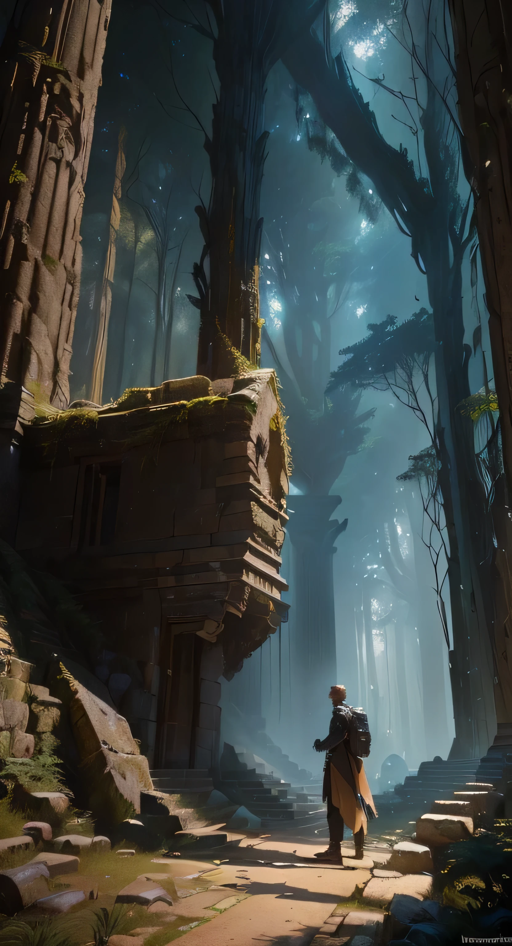 arafed image of a man standing in a forest with a stone structure, karl spitzweg. unreal engine, unreal engine render concept art, unreal engine 5 digital art, highly realistic concept art, jessica rossier fantasy art, inspired by Raphael Lacoste, unreal engine 5 render dramatic, unreal engine 5 highly rendered, ancient ruins in the forest