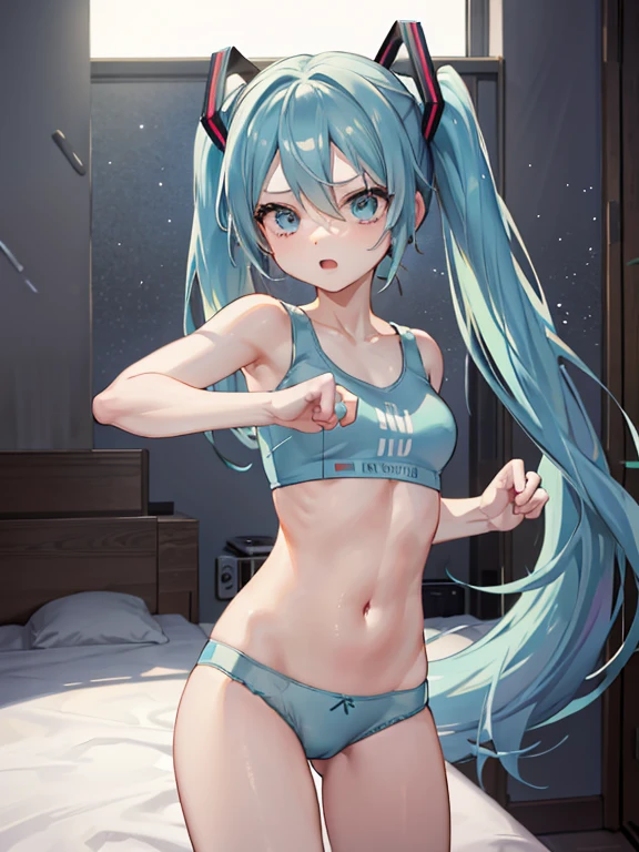 Hatsune Miku in plain underwear striking a fighting pose in her room