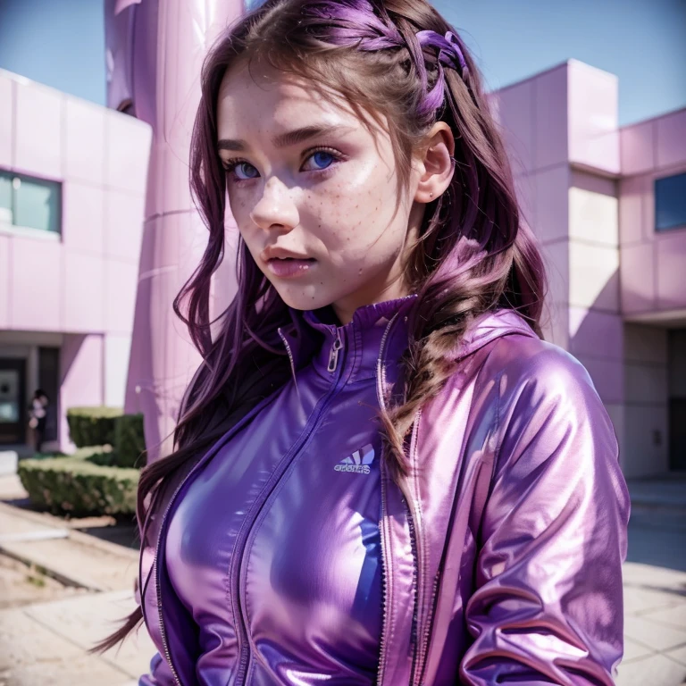 ,A photo of a college student, purple pink, futuristic spacesuit, (freckles: 0.8) cute face, sci-fi, dystopian, meticulous eyes, eye color disorder (side view),arafed woman with long brown hair and blue eyes in a bra, portrait sophie mudd, portrait of barbara palvin, soft portrait shot 8 k, gorgeous young model, portrait of a beautiful model, 50 mm lens photo portrait, 50mm portrait, anastasia ovchinnikova, 7 0 mm portrait, alina ivanchenko, medium portrait soft light,arafed college student in a shiny purple jacket and pink hair, soft portrait shot 8 k, chappie in an adidas track suit, portrait sophie mudd, wearing a tracksuit, wearing a purple sweatsuit, wearing a track suit, purple jacket, photograph of a techwear college student, pokimane, some pink, charli bowater, pink girl, 1girl, solo((college student))