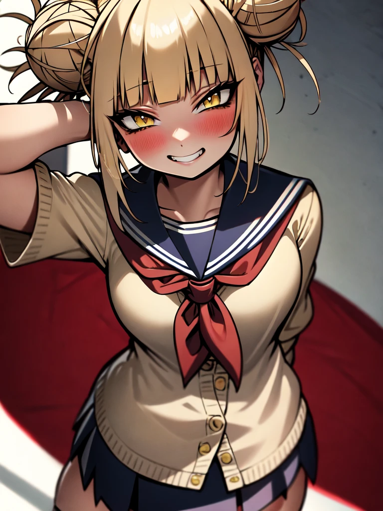 fair skinned girl, blushing, (inward tilting yellow eyes with slit like irises like a cat), wide mouth, fanines, (light blonde hair), buns hairstyle, messy hair, straight fringe, two long bangs, serifuku with kansai collar, skirt and shirt dark blue with a double white trim with a red scarf tucked below, oversized beige cardigan with long herm and cuffs, (smug eyes), (himiko toga: 1.1)