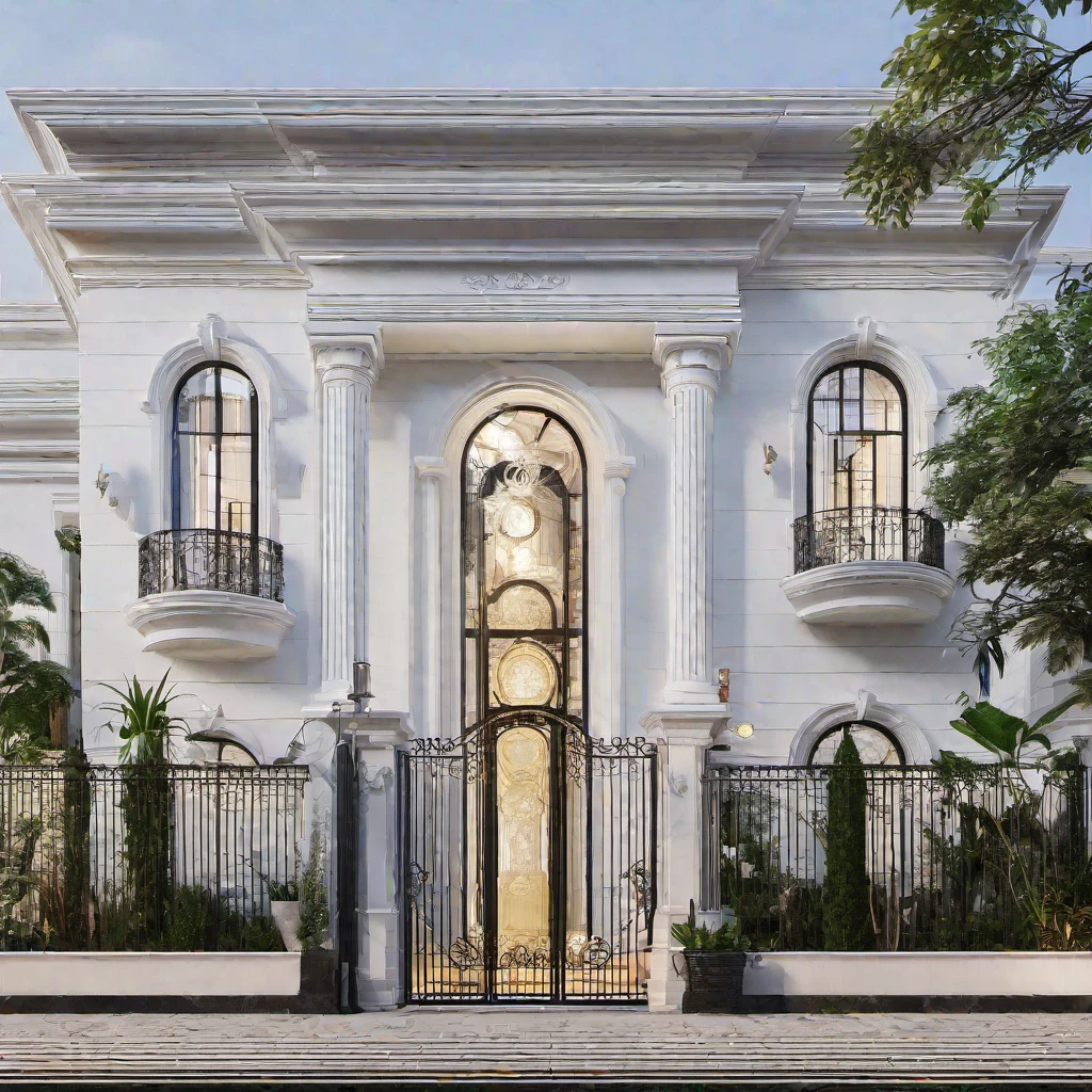 neoclassic house, exterior design, (white wall:1.2), (cornice details, neoclassical relief details), (iron gate), (reflection), window, (focus on object), (Neutral lighting is suitable for the neoclassic house, light color thermometer lighting), (architectural design visualization), (reflection), (focus on object), (material normal bump real reflection), (scattered light), (light ray), (multi-beam light), (sunbeam) (multi-level reflection), (chao vantage software visualization render),(((Best Quality))), ((Masterpiece)), ((best illustration)), ((best shadows)), ((Super Detail)), (Intricate lines), (Photorealism),(hyper detail), ((archdaily)), ((award winning design)), (dynamic light), ((day)), spotlight, (perfect light), (shimering light), ((photorealistic)), ((intricate detail)), ((extreme detail)), ((crazy detail)), ((octane render)), ((trending on artstation)), ((High-fidelity)), ((Viwvid)), ((Crisp)), ((Bright)), ((Stunning)), ((Eye-catching)), ((High-quality)),((Sharp))((Bright)), ((Stunning)), ((natural sun environment)), ((Eye-catching)), ((Illuminating)), ((Flawless)), ((High-quality)),((Sharp edge render)), ((medium soft lighting)), ((photographic render)), ((detailed archviz)), ((reality environment)), (modern townhouse design architectural design facade), (neoclassic house facade roof design), (neoclassic house facade wall design), (neoclassic house facade decoration material design) (neoclassic house facade door and window design), (environmental lighting design), (neoclassic house facade lighting design), (neoclassic house front gate and fence design), (tree decoration design for neoclassic house facade), (Design lights for gate posts and fences), (neoclassic house facade railing design), (level of photo realism, depends on lighting, materials, composition, Real-Time Rendering, based on chao vantage timage rendering graphics software)