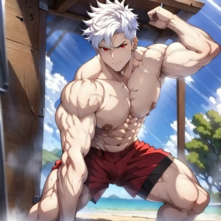 (masterpiece, best quality:1.2), 1boy, muscular, thighs, abs, red eyes, white hair, short hair, manly, muscular male, man