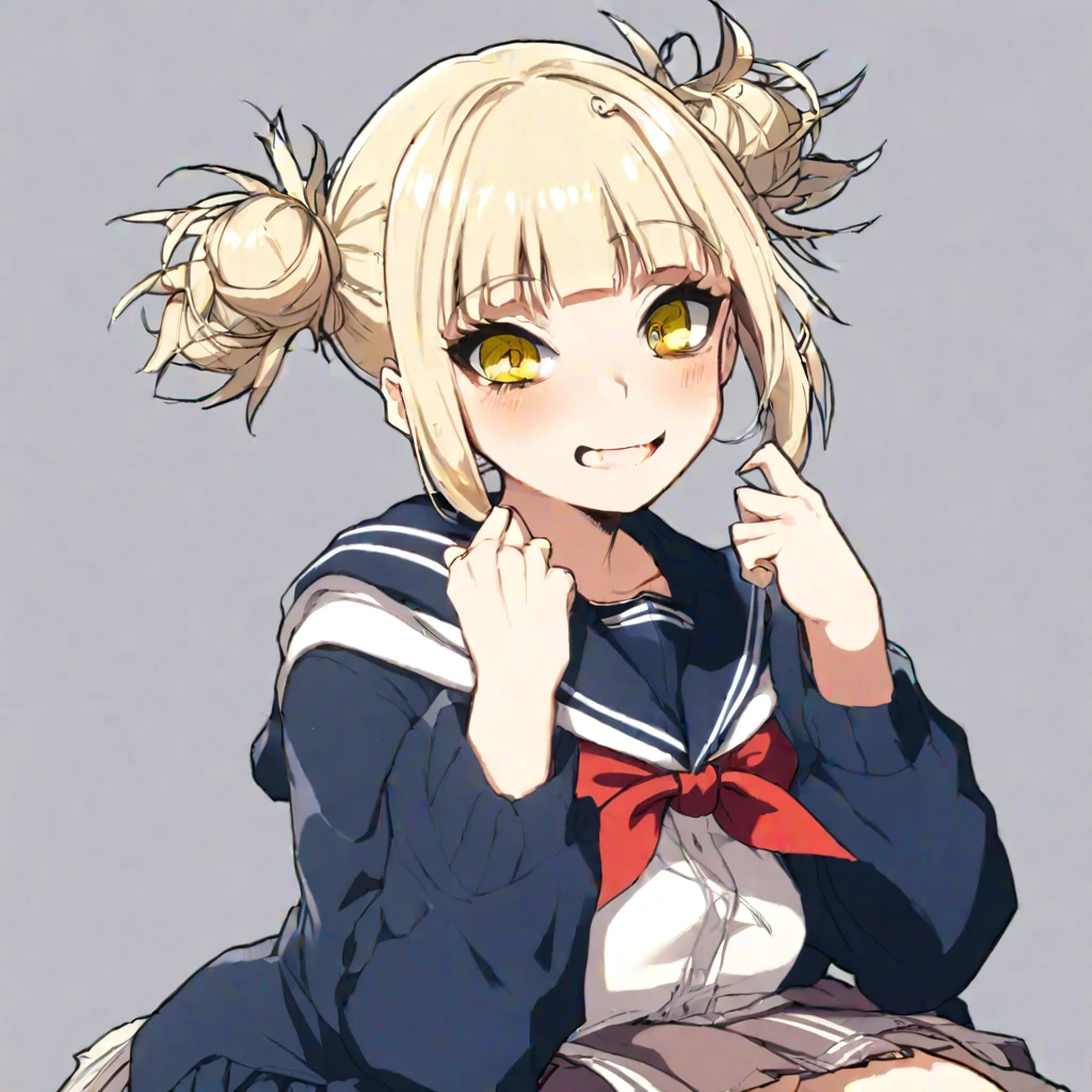 fair skinned girl, blushing, (inward tilting yellow eyes with slit like irises like a cat), wide mouth, canines, (light blonde hair), buns hairstyle, messy hair, straight fringe, two long bangs, serifuku with kansai collar, skirt and shirt dark blue with a double white trim with a red scarf tucked below, oversized beige cardigan with long herm and cuffs, (smug eyes), (himiko toga: 1.1), (solo: 1.2)