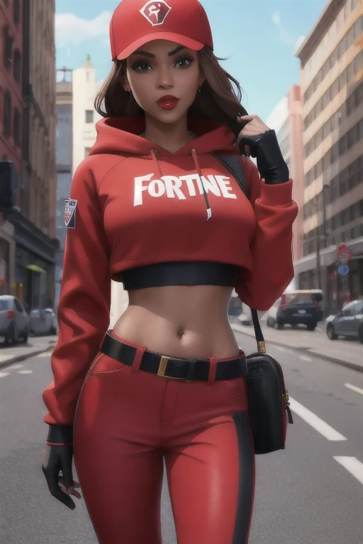 (masterpiece, best quality:1.2), 1girl, solo, red cap, baseball cap, sweater, red sweater, hoodie, red camouflage sweater, pants, beltless pants, red pants, thigh holster, long hair, lips, toned, navel, brown hair, gloves, fingerless gloves, black gloves hair down, brown eyes, brown hair, ruby /(fortnite/), red lips, brown toned skin, crop top, midriff, city background