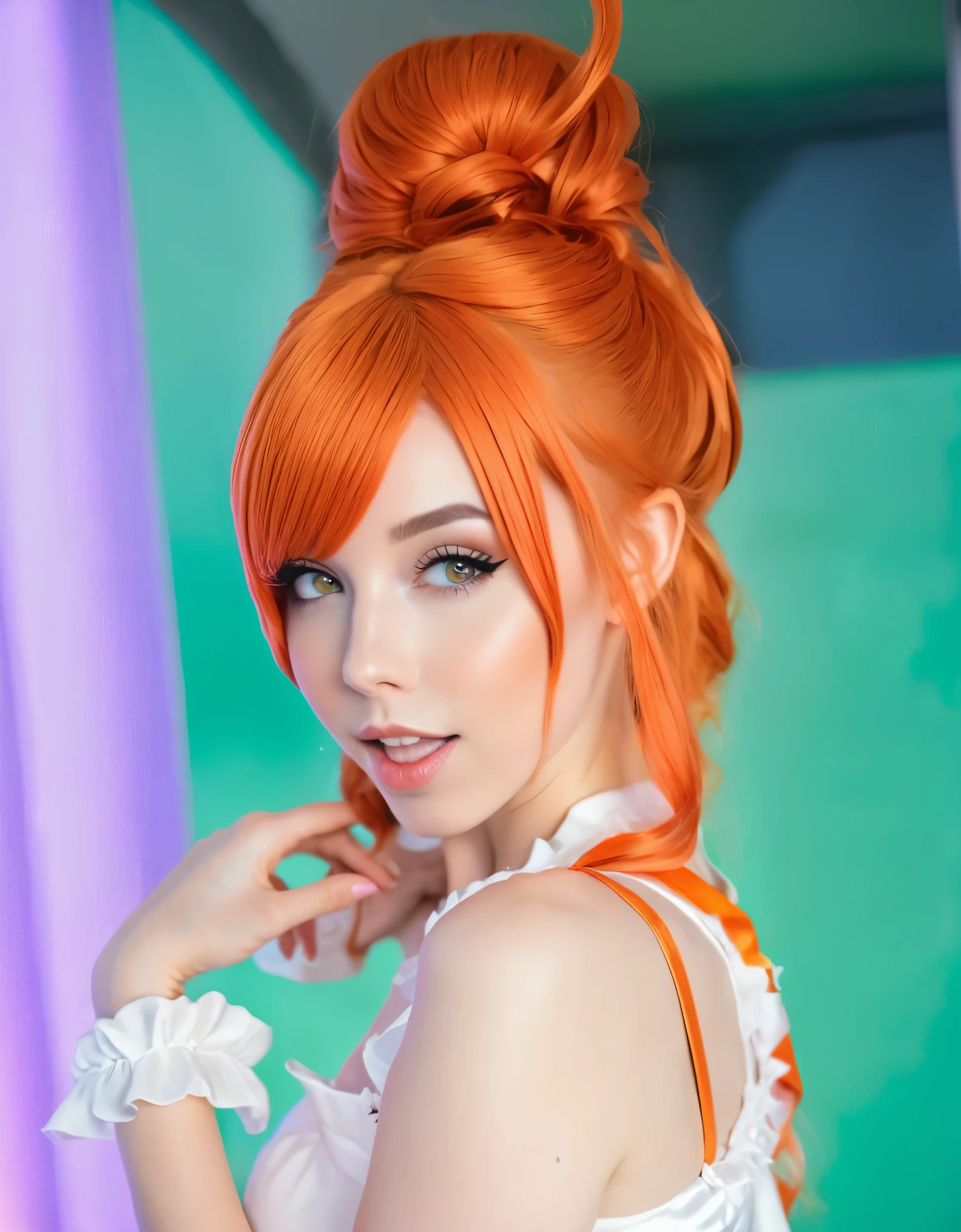 there is a woman with Rote Haare posing for a picture, amouranth, besser bekannt als Amouranth, Abonnieren, Amouranth als Superschurke, madison beer as Abonnieren, Rote Haare, Cosplay costume, orange leuchtendes Haar, Young beautiful Amouranth, belle delphine, karottenfarbenes Haar, Abonnieren outfit, ayaka Cosplay costume