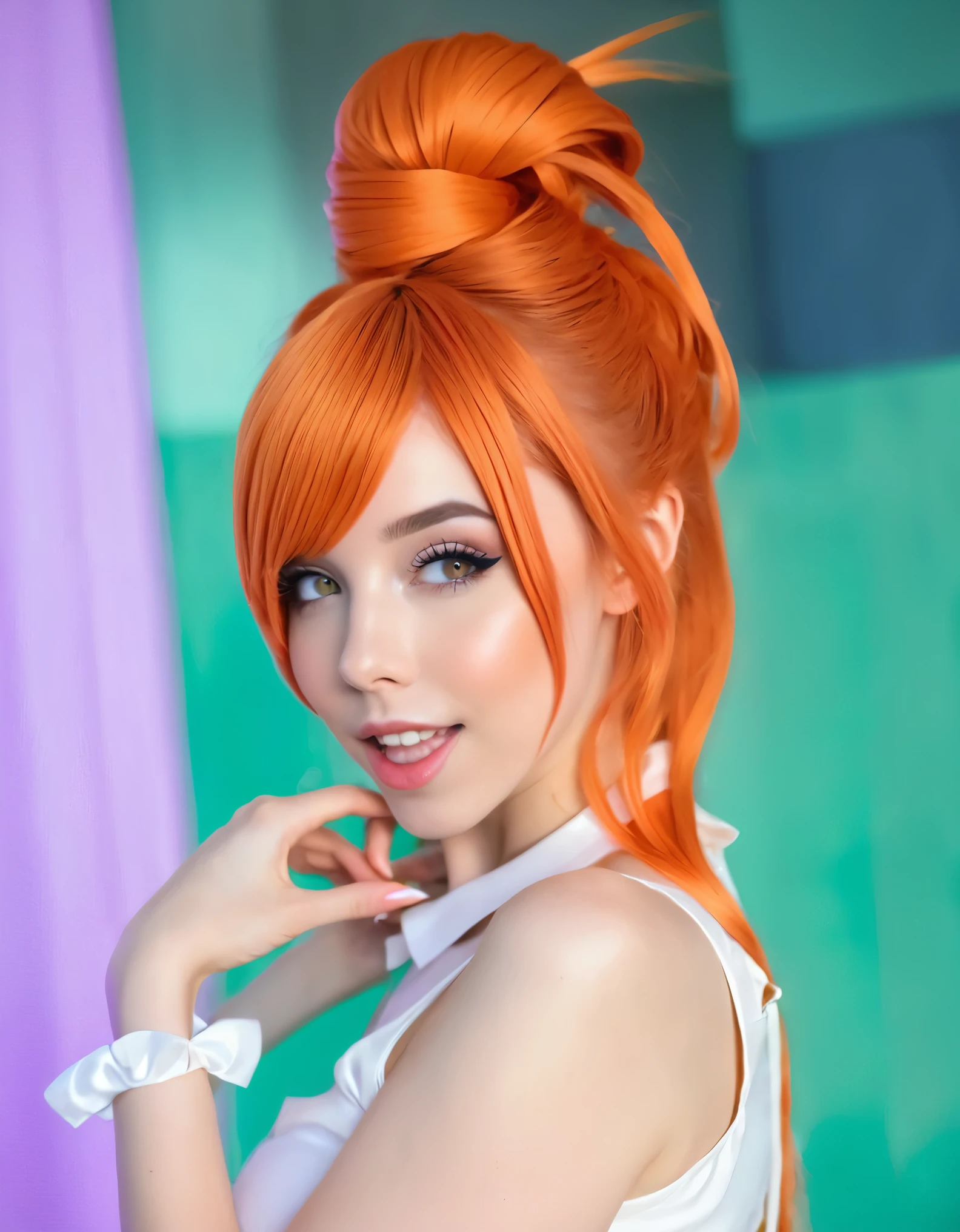 there is a woman with Rote Haare posing for a picture, amouranth, besser bekannt als Amouranth, Abonnieren, Amouranth als Superschurke, madison beer as Abonnieren, Rote Haare, Cosplay costume, orange leuchtendes Haar, Young beautiful Amouranth, belle delphine, karottenfarbenes Haar, Abonnieren outfit, ayaka Cosplay costume