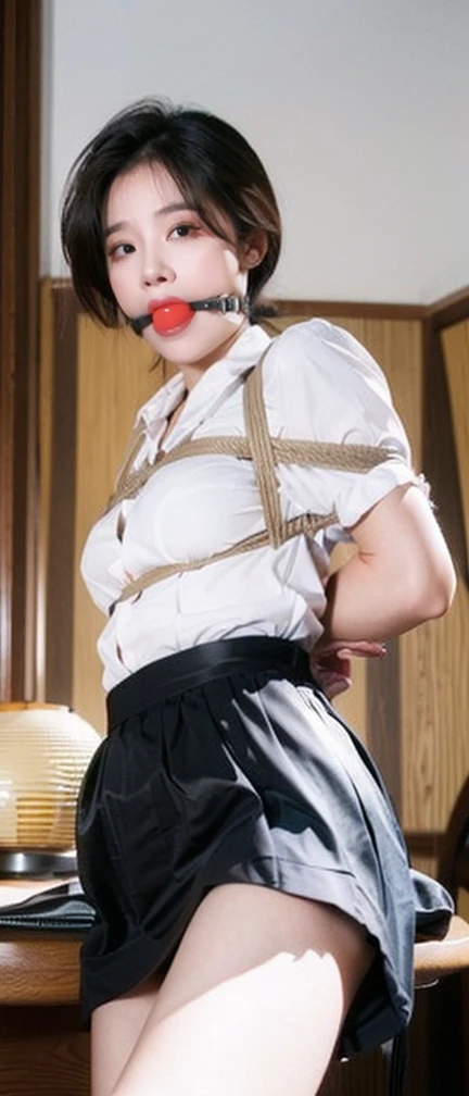 (8k, best quality, masterpiece:1,2), (realistic, photo-realistic:1,37), top quality, masterpiece, a beautiful woman, sexy teacher, sexy female teacher, tight and sexy work clothes, short skirt, round chest, wearing glasses, naughty look, background in a teaching classroom with stacked chairs and study tables, ballgag ,hands raised,bondage (Shibari,hands tied behind back:1.5), (Shibari:1.21), BDSM,Tied up