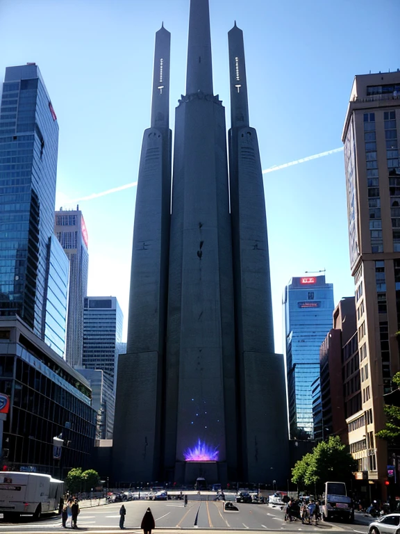 Gigantic monument that represents the military victory of an intergalactic civilization, super detailed, in an urban environment, super decorated