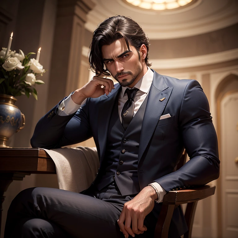 Un hombre abogado, italiano, con piel palida y cabello oscuro y corto, ojos claros, con un traje elegante, sitting with a manly posture and with a serious expression, looking towards the camera with his hand in a fist placed on his temple, (fotorrealista), (vivid colors), (ultra detallado), (Obra maestra:1.2), [studio lighting]