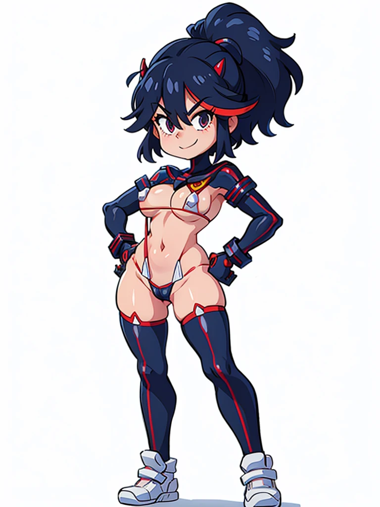 uhd, face detail, MICRO BIKINI, senketsu, matoi ryuuko, suspender, bodysuit, white background: 1.5, smile,