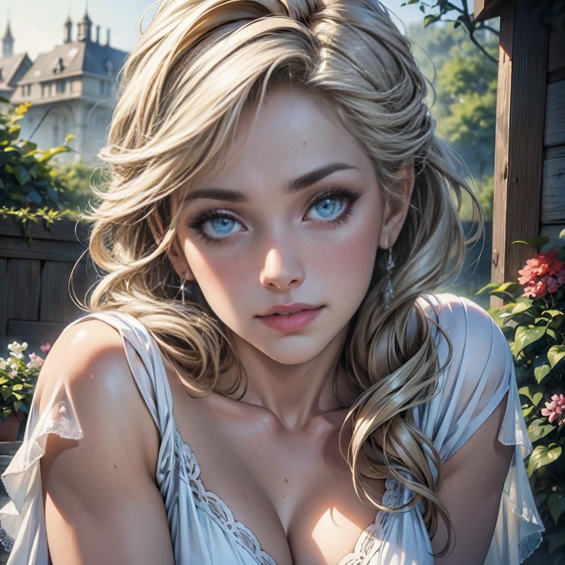 (highest quality,4k,8k,High resolution,masterpiece:1.2),super detailed,(realistic,photorealistic,photo-realistic:1.37),detailed and beautiful eyes,dense and beautiful lips,highly detailed eyes and face,long eyelashes,[garden, Bright colors,soft natural light,romantic atmosphere,vivid flowers, flowing dress,feminine and elegant pose,Happy and confident look, High fashion style, Dreamy scenery, fine art portrait, art print quality, oil painting techniques, impressionist style.