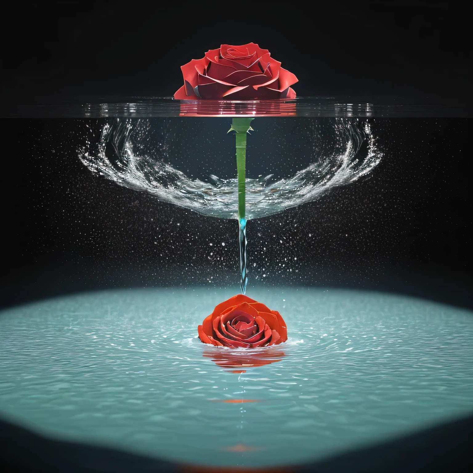 A large red rose floating in water,Product photos have black backgrounds,High Resolution Studio Lighting。Surrealistic depiction of a liquid explosion in white water and orange tones。Clean surface,No obstacles or letters,Focus is set at the center left of the lens,Create a surreal pastel palette。