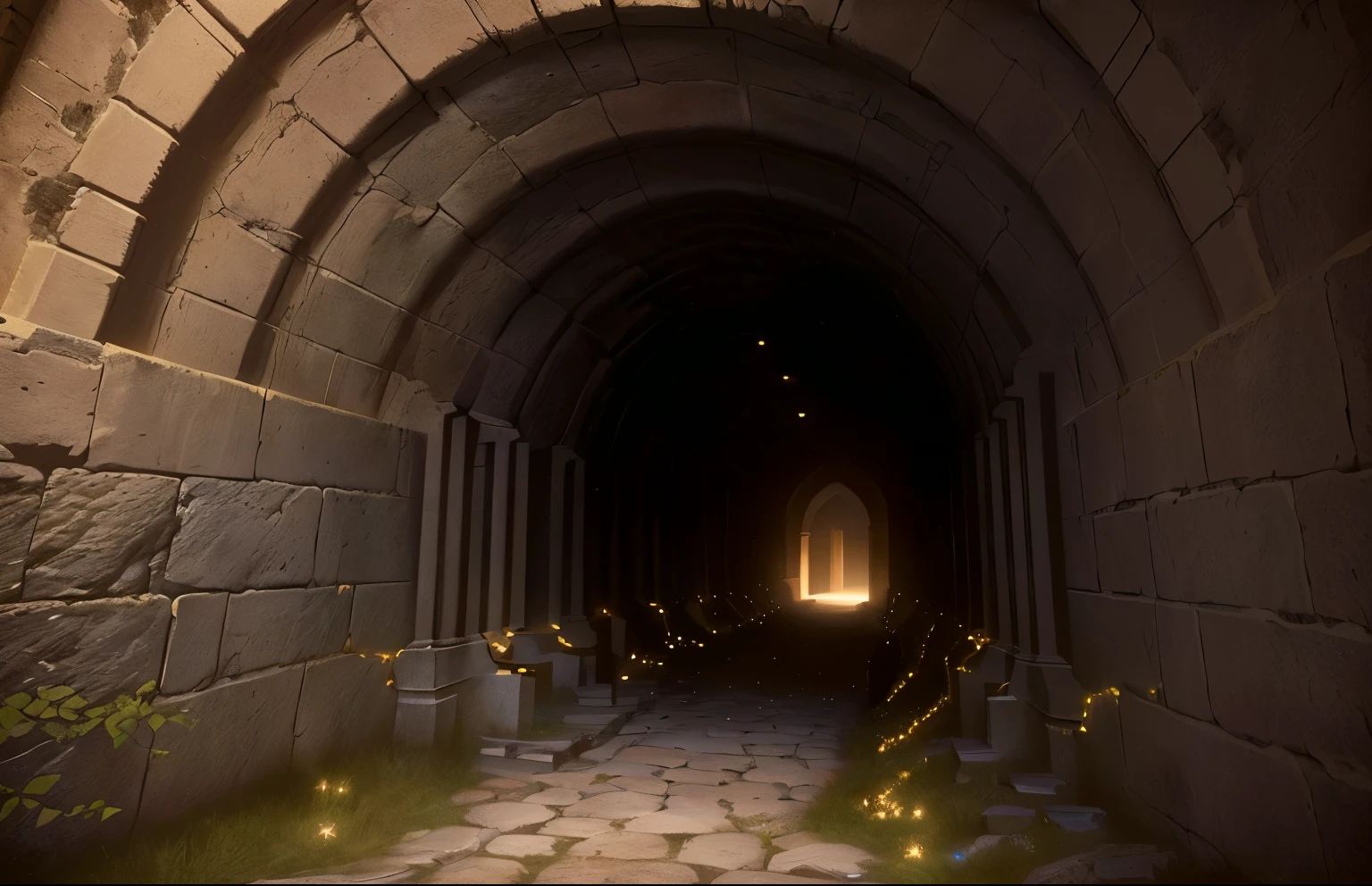 a dark tunnel with a light at the end of it, in an ancient vault, entrance to an ancient dungeon, entrance to a dark tunnel, path tracing render, path tracing, high walled tunnel, in a medieval crypt, inside a crypt, light at the end of the tunnel, ancient. atmospheric lighting, portal to another world, in a dungeon background, ancient dungeon, starry sky, constellations, zodiac, mythology