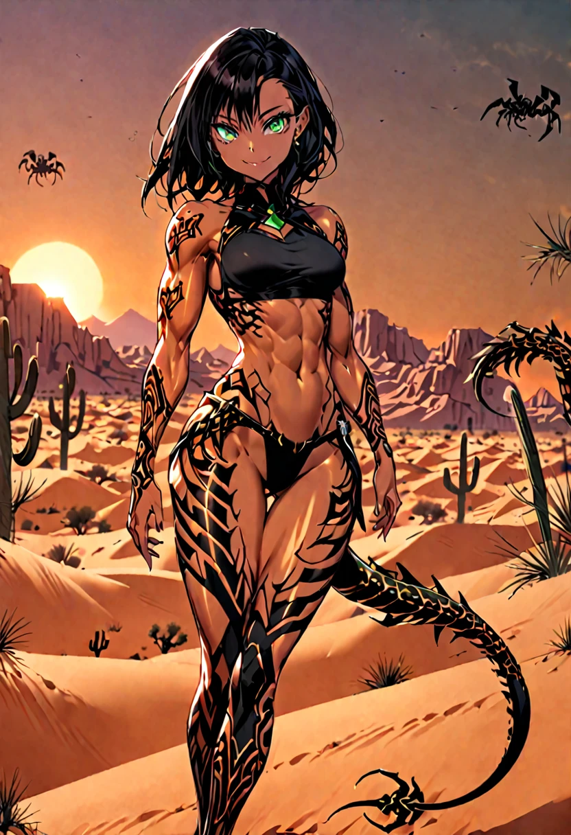 solo, female, muscular, hourglass humanoid top half, bronze skin, long sleek black hair, emerald eyes, dark orange scorpion lower body, dark orange scorpion tail, eight legs, tattoos on arms, smile, dagger, desert, dusk