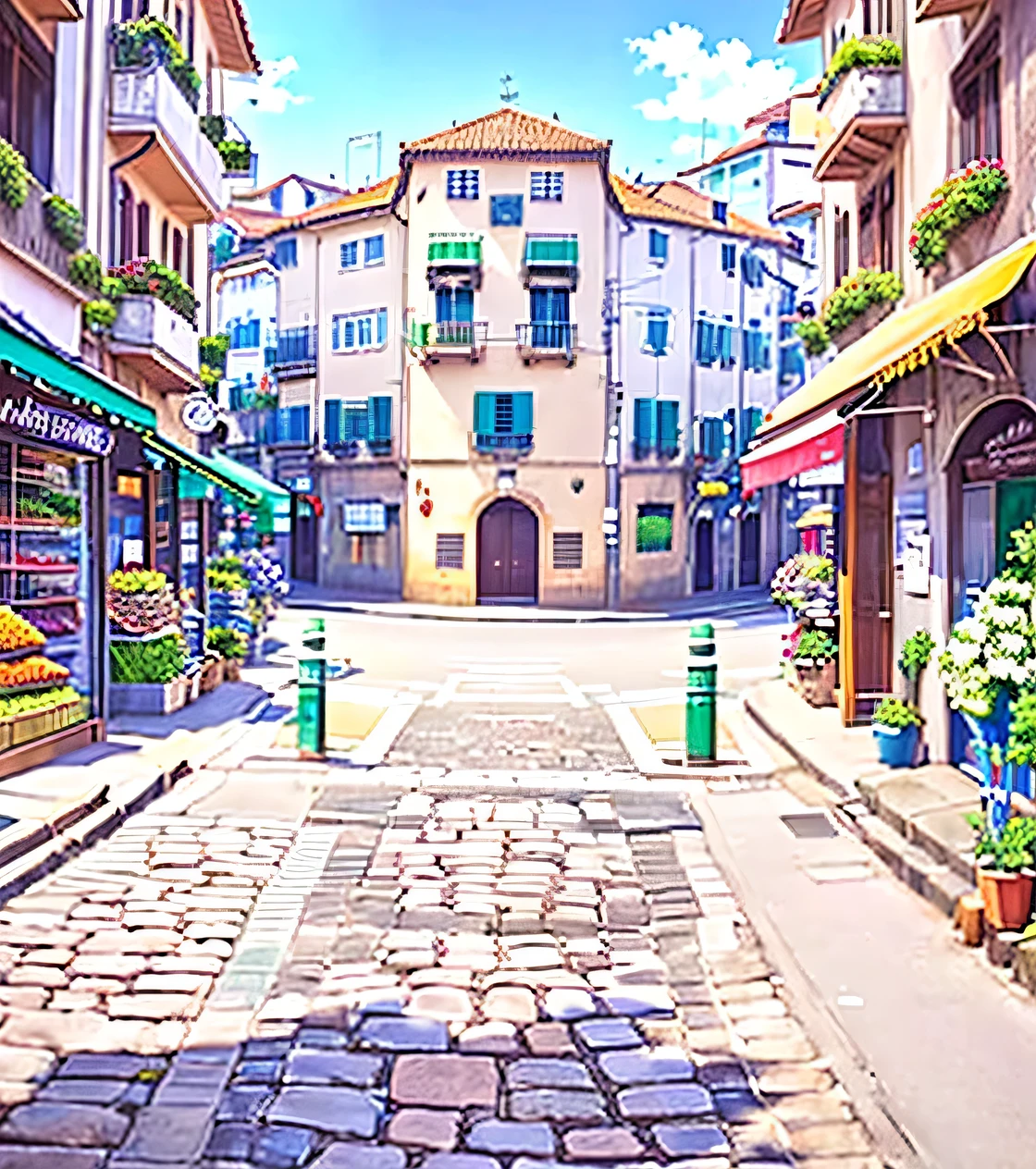 anime - style scene of a street with a cobblestone road and a building, fundo do centro da cidade, fundo de anime art, Renaissance background of the port city, fundo da cidade, paisagem urbana estilo anime, fundo de anime, streets of the ancient city behind her, paisagem urbana de anime hd, fundo de filme de anime, fundo de rua, anime scenery concept art, colorful fundo de filme de anime, a bustling magical city, cidade antiga, cidade renacentista, flores, frutas, castelo renascentistas, art 4K, DESENHO DETALHADO, ART 8K, lojas, floricultura, flores, mercado, frutas, french castle, rua de pedras, muitas flores, cidade colorida, symmetrical and smooth stone floor, cidade florida, casas bonitas, casas sem defeitos, ruas sem relevo
