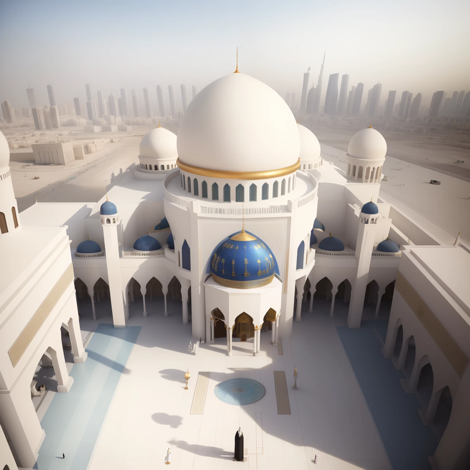 A modern Islamic mosque in the city of Dubai, a building for Muslim prayer using white stone, in the year 2050, very realistic, crowded with people, a large square 