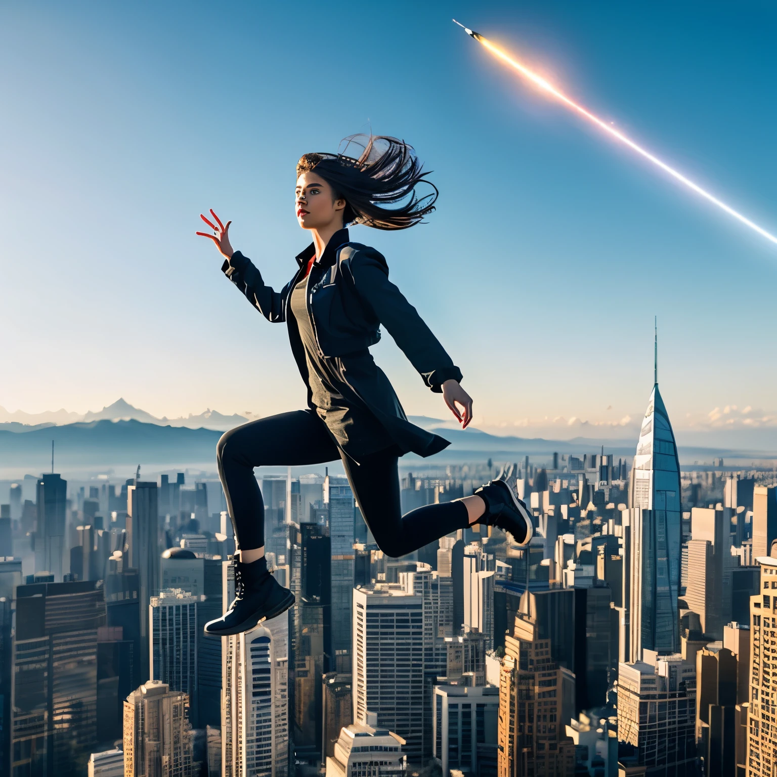 (best quality,4k,8k,highres,masterpiece:1.2),game character,one young and extremely beautiful female game character,powerful telekinetic abilities,dashing through the sky, soaring above the bustling city below her