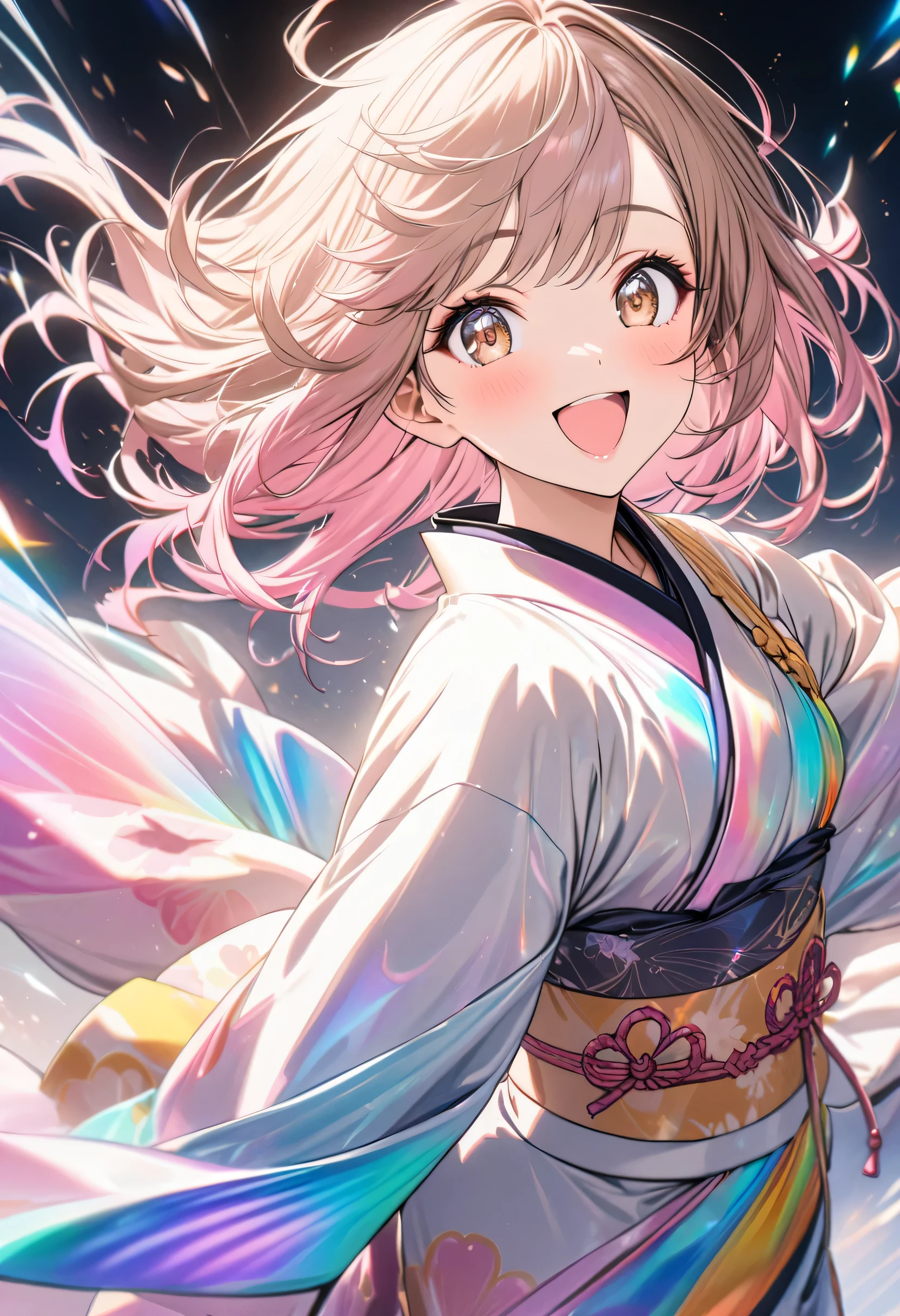 best quality, super fine, 16k, incredibly absurdres, extremely detailed, cute girl smiling, excited look, pink messy hair, wind, wind-effect, sparkling light brown eyes, wearing chic Japanese kimono fashion, fantastic and mysterious, variety of visual styles that combine various artistic elements like a sparkling iridescent pastel and vivid colors
