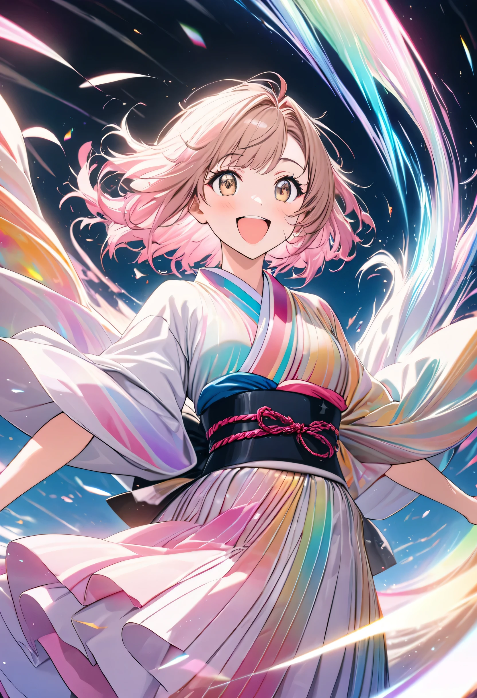 best quality, super fine, 16k, incredibly absurdres, extremely detailed, cute girl smiling, excited look, pink messy hair, wind, wind-effect, sparkling light brown eyes, wearing chic Japanese kimono fashion, fantastic and mysterious, variety of visual styles that combine various artistic elements like a sparkling iridescent pastel and vivid colors