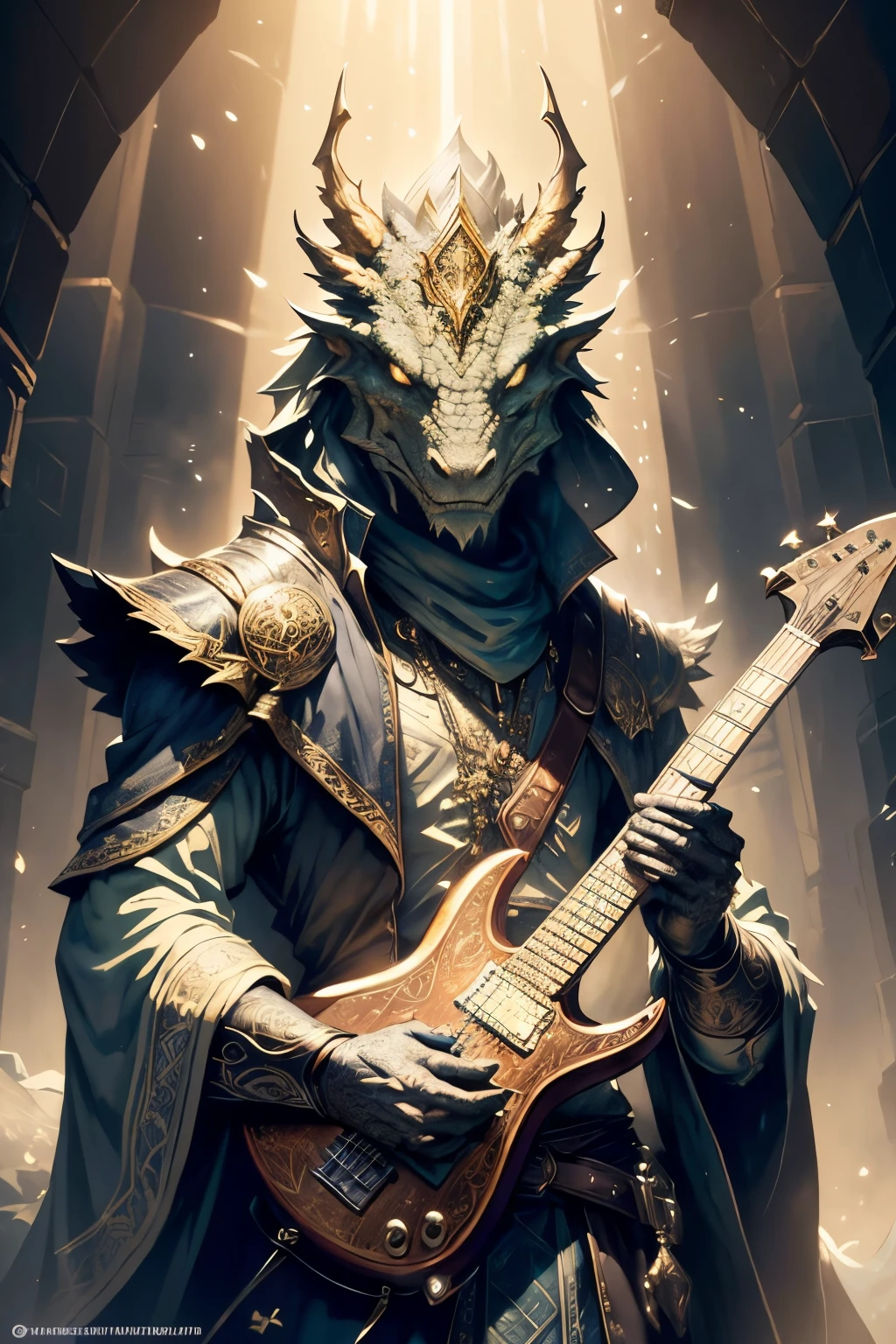 ((Best quality)), ((masterpiece)), ((realistic cartoon)), ((perfect character)):

Dragon Rockstar with holding an electric guitar,In this stunning and highly detailed realistic cartoon, we present a Product Owner. The Product Owner stands tall with, clad in intricate garment, complete with flowing garments and ornate patterns. His face is high tower shield, adding to his angelic and stunning appearance.

The Product Owner channels the power of light, conjuring dazzling rays and holy energies. The scene is set in a thematically rich environment, filled with magical vibes, and mystical symbols that enhance the ambiance. The lighting, crafted with a cinematic touch, casts a spellbinding glow, emphasizing the magical aura surrounding the Product Owner.

Every element of this masterpiece is carefully designed to create a sense of realism and immersion. The intricacies of the Product Ownerclothing, the mesmerizing effects of his conjurations, and the level of detail in his weathered face all contribute to a captivating visual experience. This artwork is presented in stunning UHD resolution, allowing you to appreciate every nuance and intricacy in breathtaking detail.

Portrait,Eye level, scenic, masterpiece,mtg art,magic the gathering art.