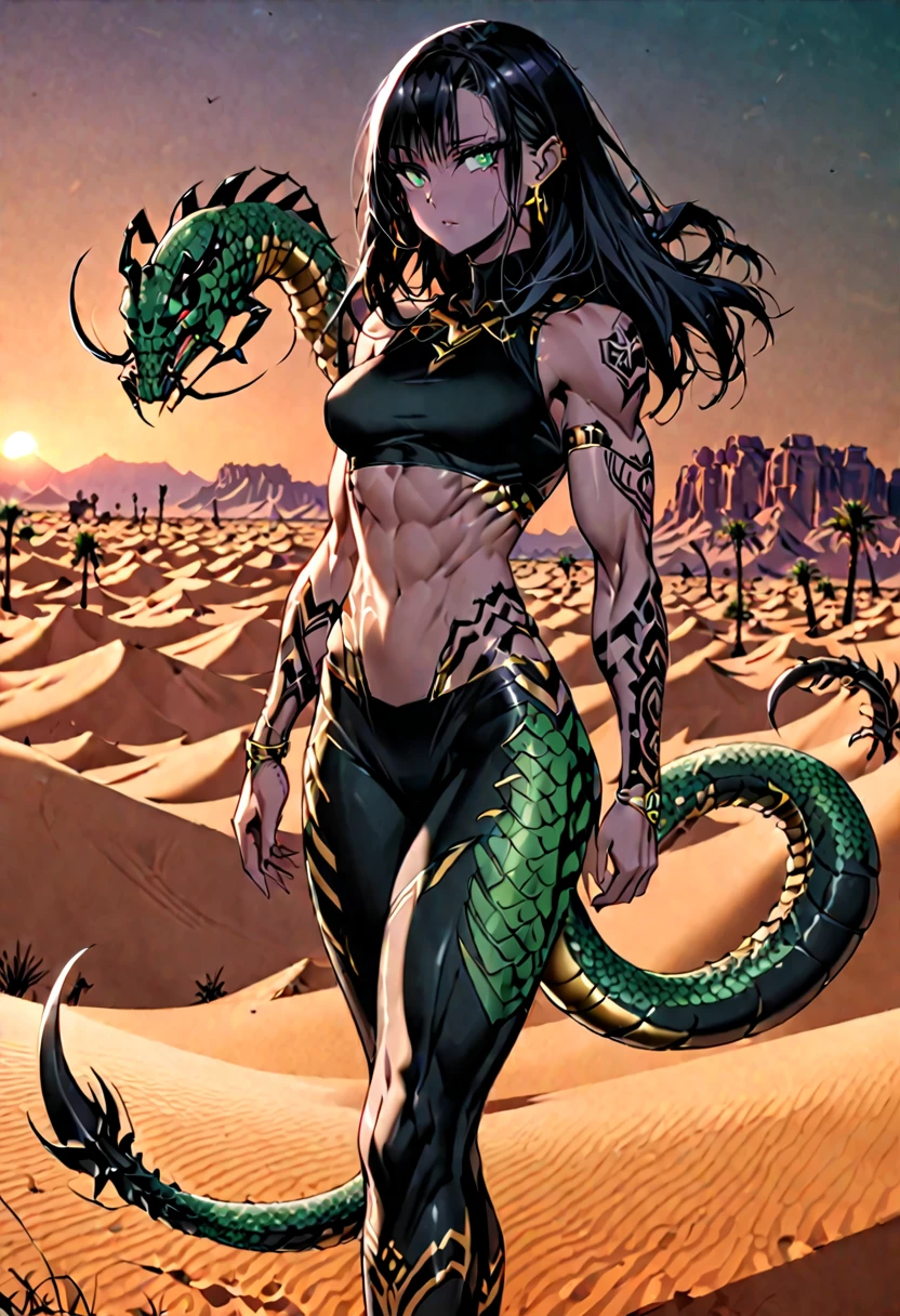 solo, female, muscular, hourglass humanoid top half, bronze skin, long sleek black hair, dark emerald eyes, scorpion lower body:1.4, scorpion tail, scorpion bottom half, tattooed arms, desert, dusk, scorpiontaur