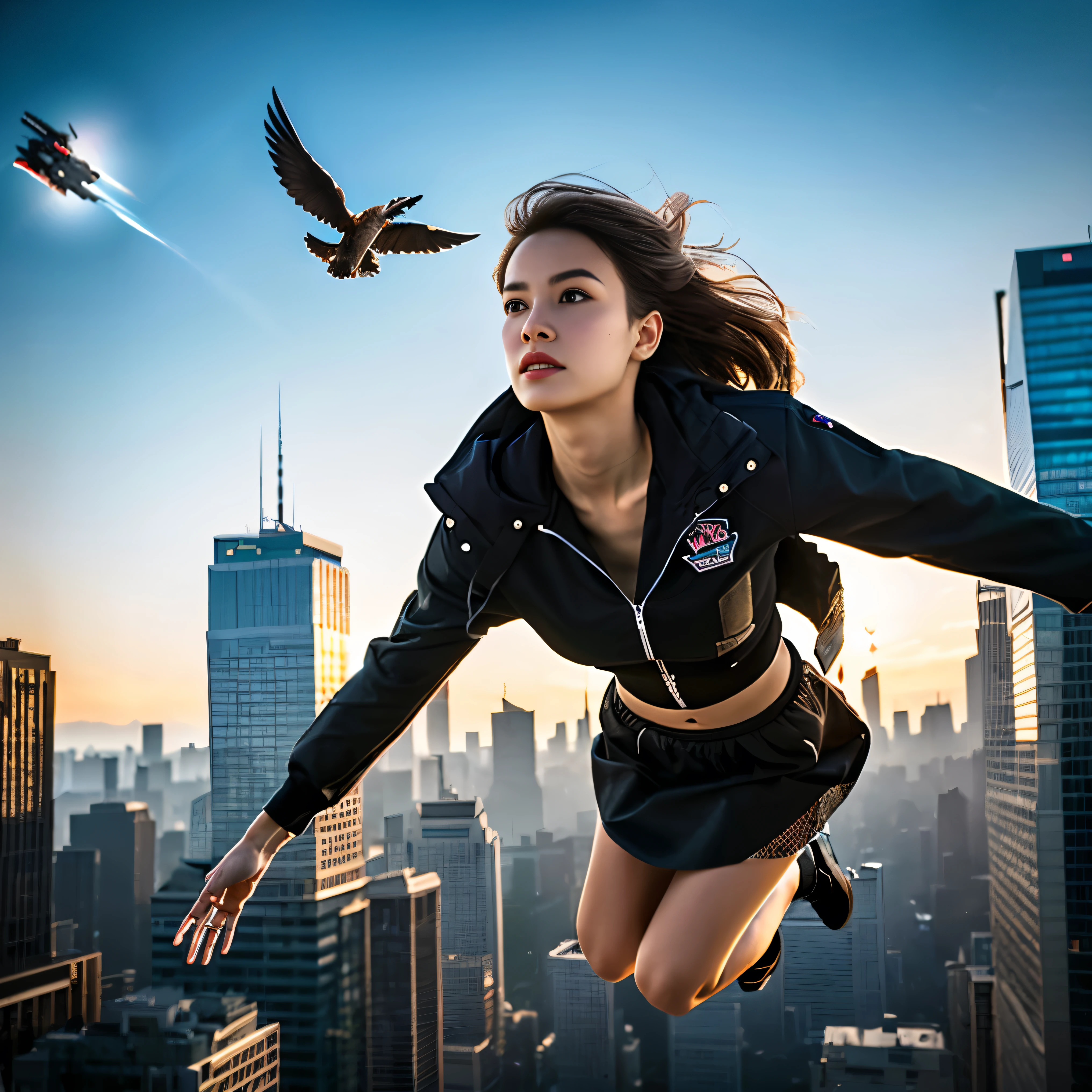 (best quality,4k,8k,highres,masterpiece:1.2),game character,one young and extremely beautiful female game character,powerful telekinetic abilities,dashing through the sky, soaring above the bustling city below her
