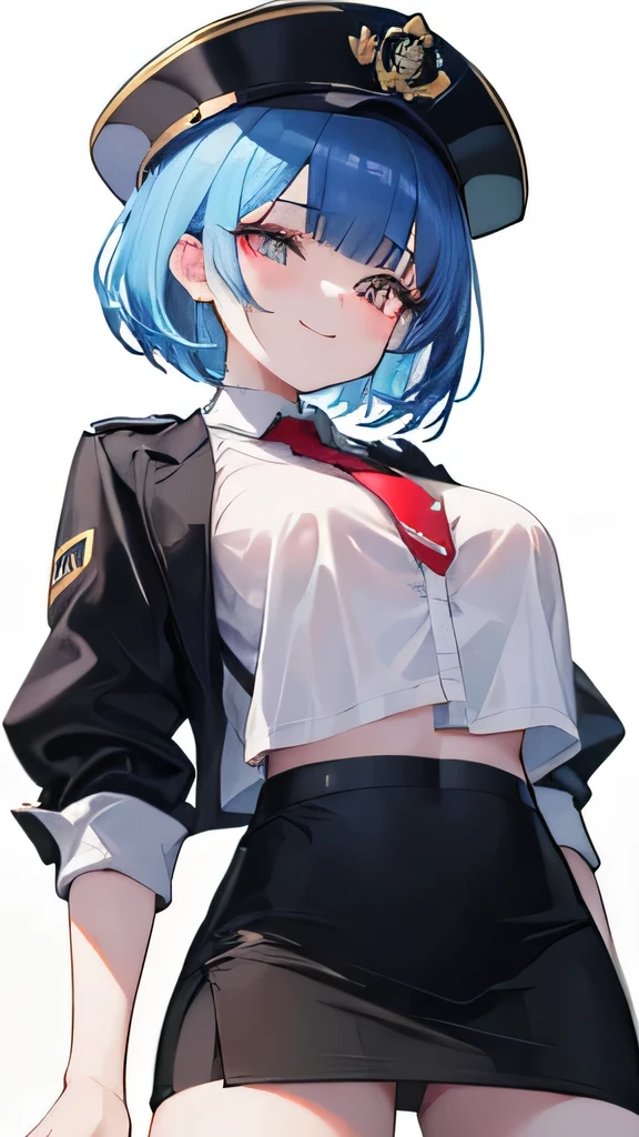 (8k、melhor qualidade de imagem、mais alta qualidade、obra de arte)、mulher succubus, rosto detalhado、((um ))、cabelo preto、Bobcut、franja romba、olhos azuis brilhantes、Sorriso Maligno、((sorriso))、((seios grandes))、police hat、((policial feminina))、((Mini skirt-black pants、tiro de vaqueiro、salutation、fundo urbano、police car