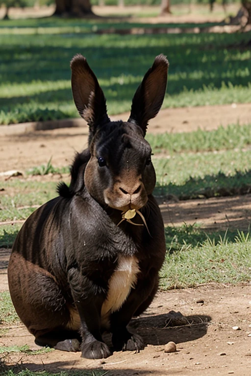 conejo negro en pradera comiendo una zanahoria en primavera
