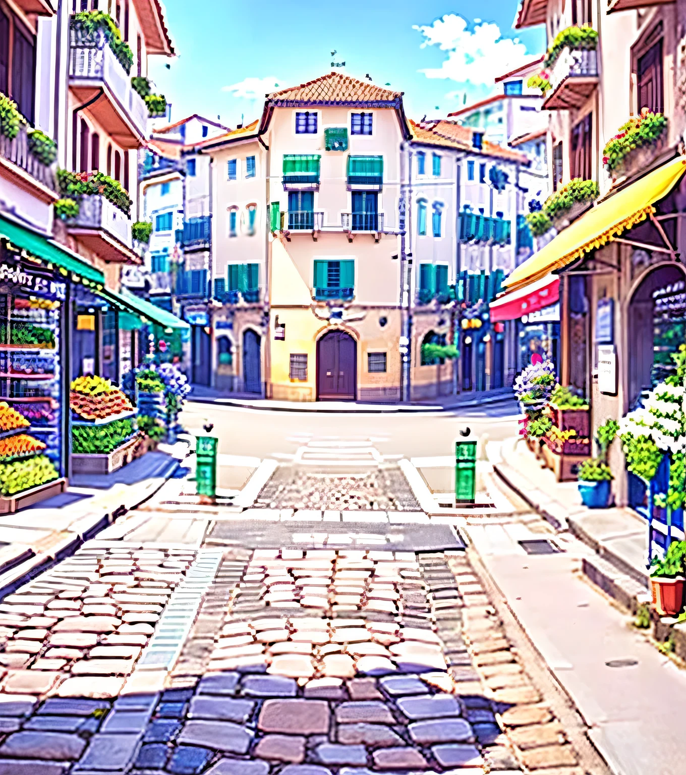 anime - style scene of a street with a cobblestone road and a building, fundo do centro da cidade, fundo de anime art, Renaissance background of the port city, fundo da cidade, paisagem urbana estilo anime, fundo de anime, streets of the ancient city behind her, paisagem urbana de anime hd, fundo de filme de anime, fundo de rua, anime scenery concept art, colorful fundo de filme de anime, a bustling magical city, cidade antiga, cidade renacentista, flores, frutas, castelo renascentistas, art 4K, DESENHO DETALHADO, lojas, floricultura, flores, mercado, frutas, french castle, rua de pedras, muitas flores, cidade colorida, symmetrical and smooth stone floor, cidade florida, casas bonitas, casas sem defeitos, ruas sem relevo, ART 8K, arte detalhada