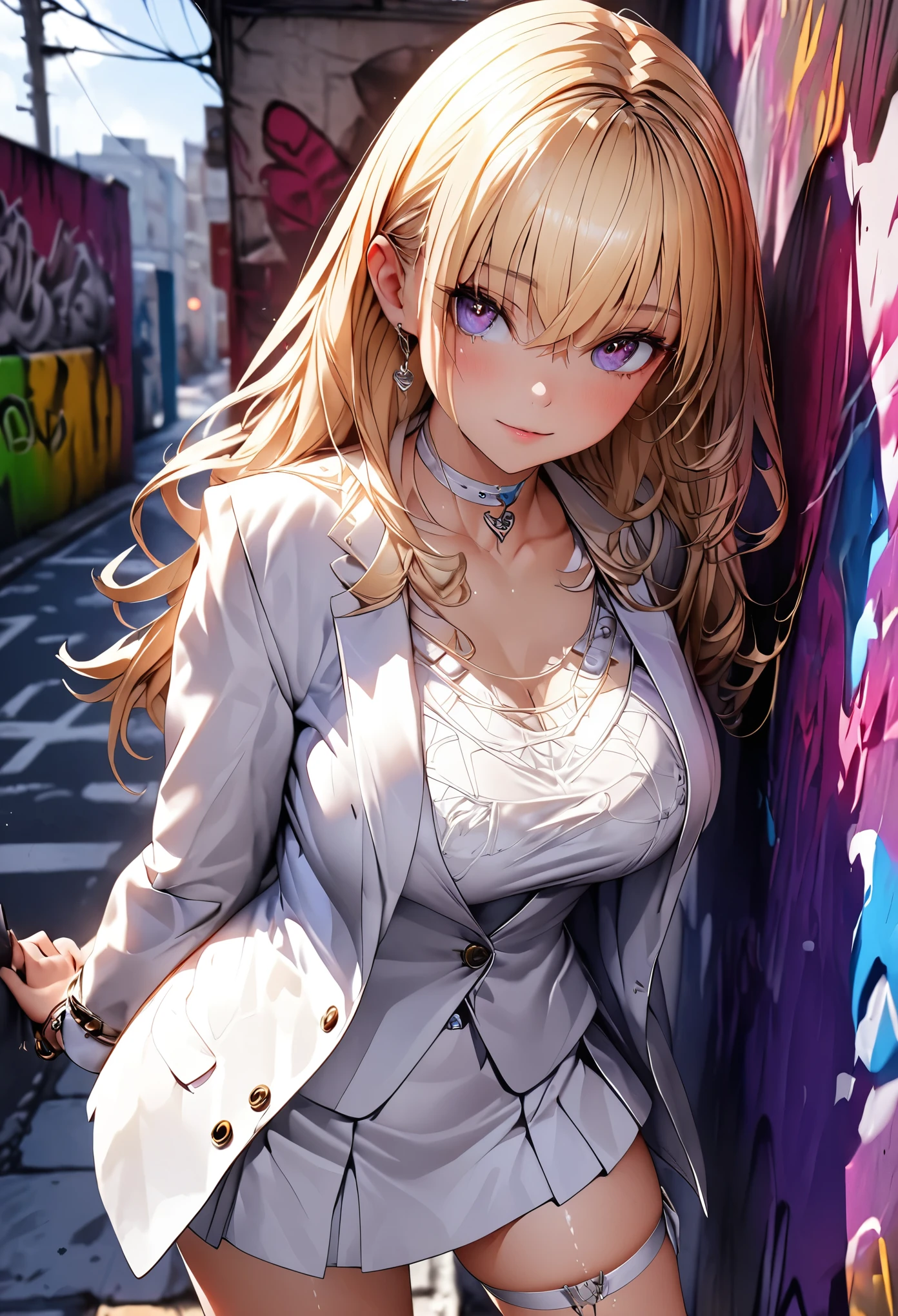 (8k、masterpiece、highest quality、Highest Level、Best image quality、Pieces fly、Intricate details、High resolution、Depth Field、Natural light、Professional Lighting)、(Very beautiful girl)、1 girl、soro、(cute:1.2)、Very beautiful 20 year old manga girl、(Skin with attention to detail: 1.2)、Photorealistic Anime Girl Rendering、Realistic anime 3D style、Beautiful bright purple long hair、強烈なRed eyes、Strong eye highlights、Very large breasts、Perfect Anatomy、((Cat ear、White jacket、Wearing white lingerie、mini skirt))、Decorative choker、Metal Accessories、Put your hands behind your back、Beautiful long hair、Crossed bangs、Asymmetrical bangs、Bobcut、eyelash、Red eyes、A very mysterious smile、Charm、(Sophisticated headphones)、A body made shiny with oil、レース編みの装飾がされたmini skirt、(graffiti:1.3)、Place your hands behind your back、Against the wall、When I look through the viewfinder、bracelet、Thigh straps、Tilt your head、Blonde、Iris Blue Eyes、(A body made shiny with oil)、Complex clothing、Intricate details、