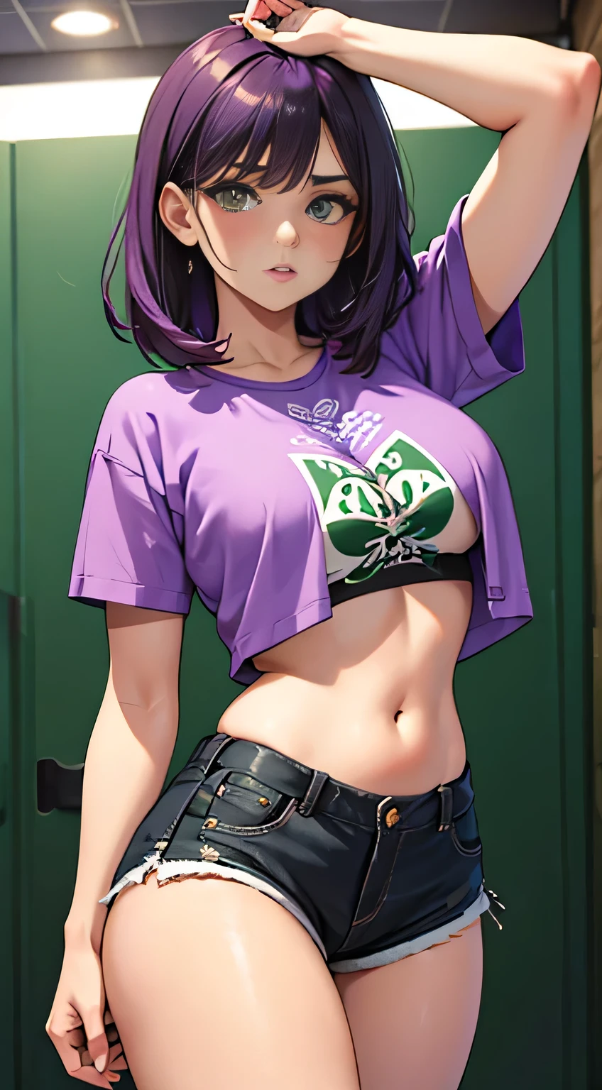 a beautiful brunette girl, with green eyes, purple hair, with a tattoo spread across her body, wearing short shorts, showing the definition of her thighs, and wearing a short blouse, showing her belly