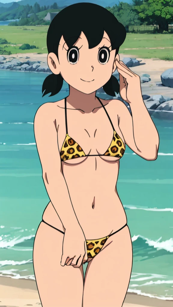 (masterpiece, 4K, Highest quality, anime style: 1.9, Detailed face, Lovely, bold, High resolution, anime, alone, Curvaceous, Thighs, Cleavage, Center of chest, Very slim belly, Cowboy Shot, Leopard print micro bikini,Red Bandana,((blush,Sweet expression)), May (Pokémon Advance),Naked in a swimsuit,(((Ocean)))