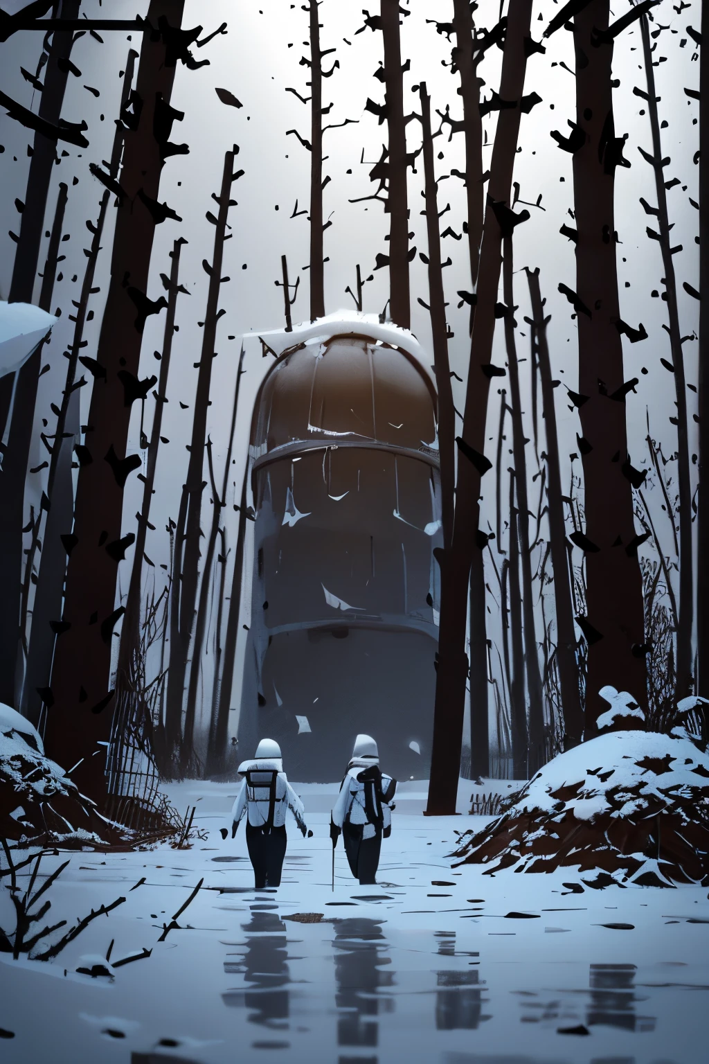 digital art, dystopian scene, snowy landscape, two figures in hazmat suits, massive floating carcass, ominous atmosphere, desaturated colors, science fiction, abandoned vehicle, brown leafless trees, high-contrast shadows, barbed wire fencing, gray overcast sky, speculative environment, eerie stillness, futuristic concept, environmental storytelling, artist's rendition, desolate ambiance, traces of red fluid in snow, genre: post-apocalyptic