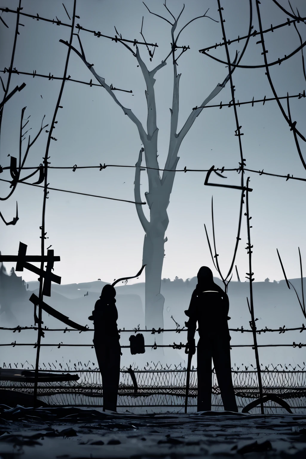 digital art, dystopian scene, snowy landscape, two figures in hazmat suits, massive floating carcass, ominous atmosphere, desaturated colors, science fiction, abandoned vehicle, brown leafless trees, high-contrast shadows, barbed wire fencing, gray overcast sky, speculative environment, eerie stillness, futuristic concept, environmental storytelling, artist's rendition, desolate ambiance, traces of red fluid in snow, genre: post-apocalyptic