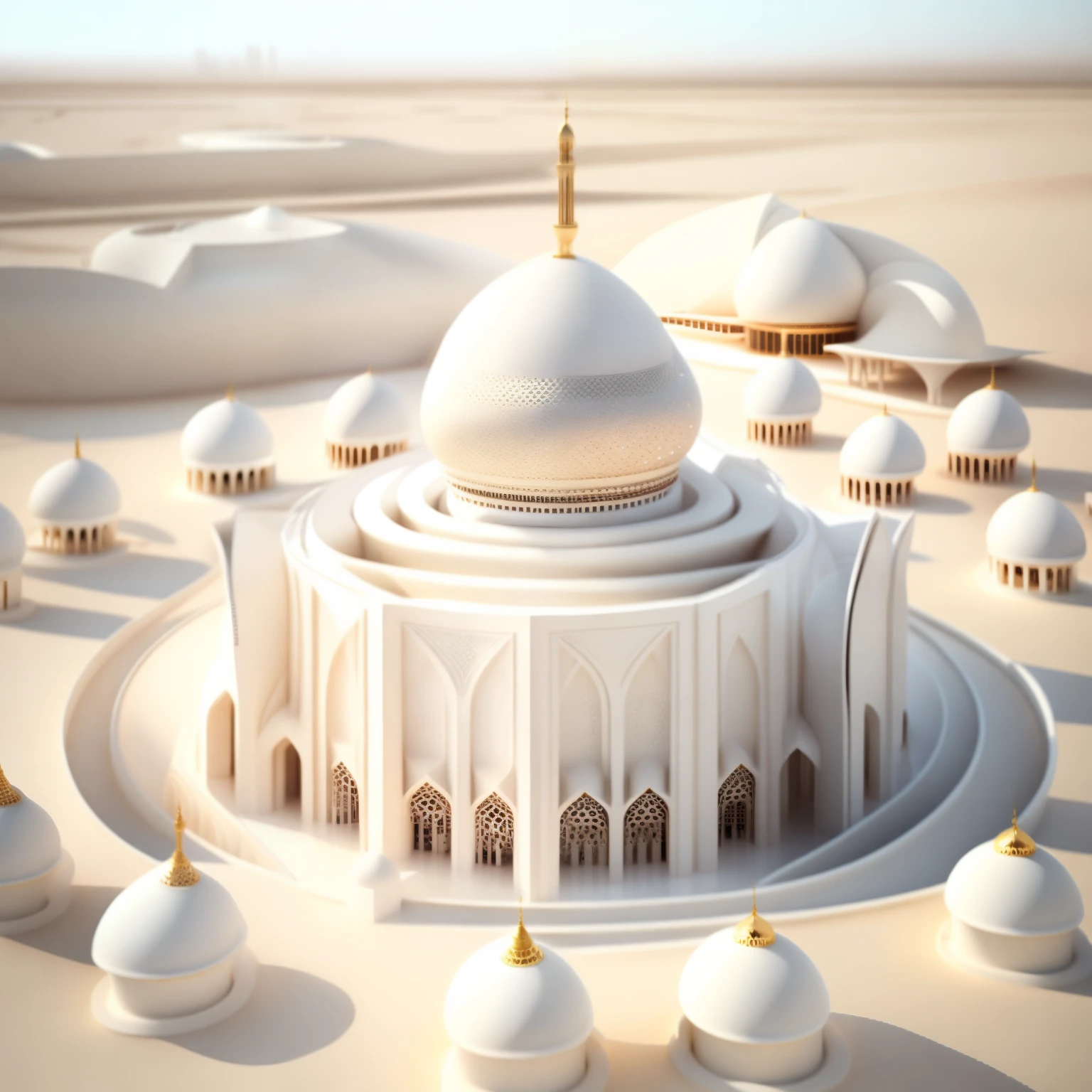 A modern Islamic mosque in Dubai, a building for Muslim prayer using white stone, in the year 2050. 