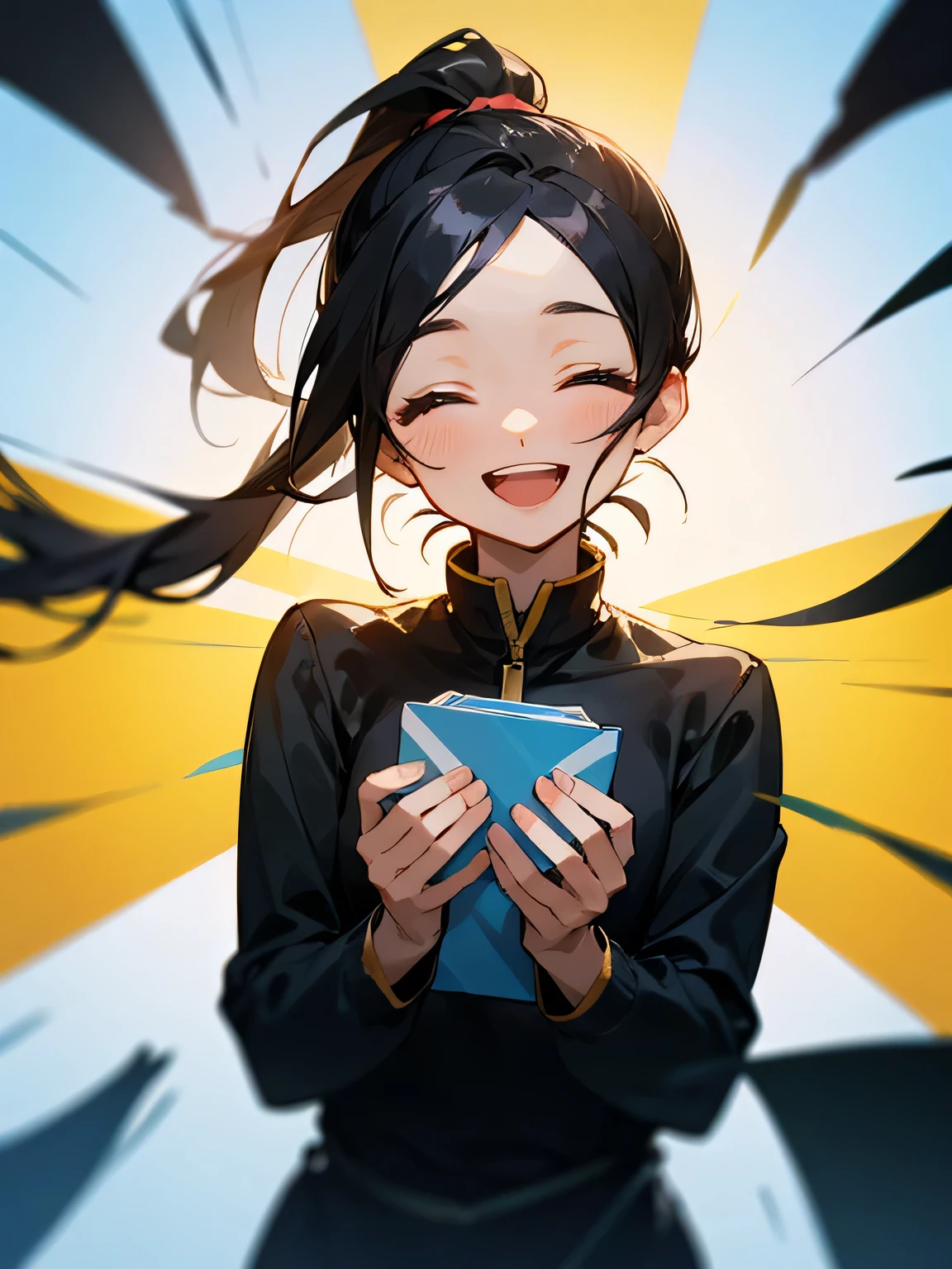 (solo),upperbody, ponytail,black hair, open forehead, beautiful face,closed eyes smile,Black Hair、Shy laugh、Surprise expression、applause,no message,